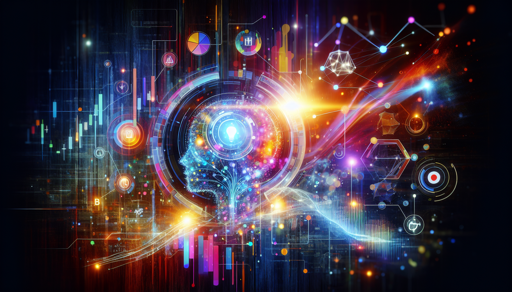 an image of AI marketing excitement with modern and futuristic elements representing efficiency, personalization, innovation, and business growth. It includes abstract data and technology symbols, digital pathways, and creative elements like light bulbs, using a color palette of #689fb0, #9ec5d1, #6972ad, #474f91, and #fff, suggesting cost-effectiveness and adaptability to future trends.
