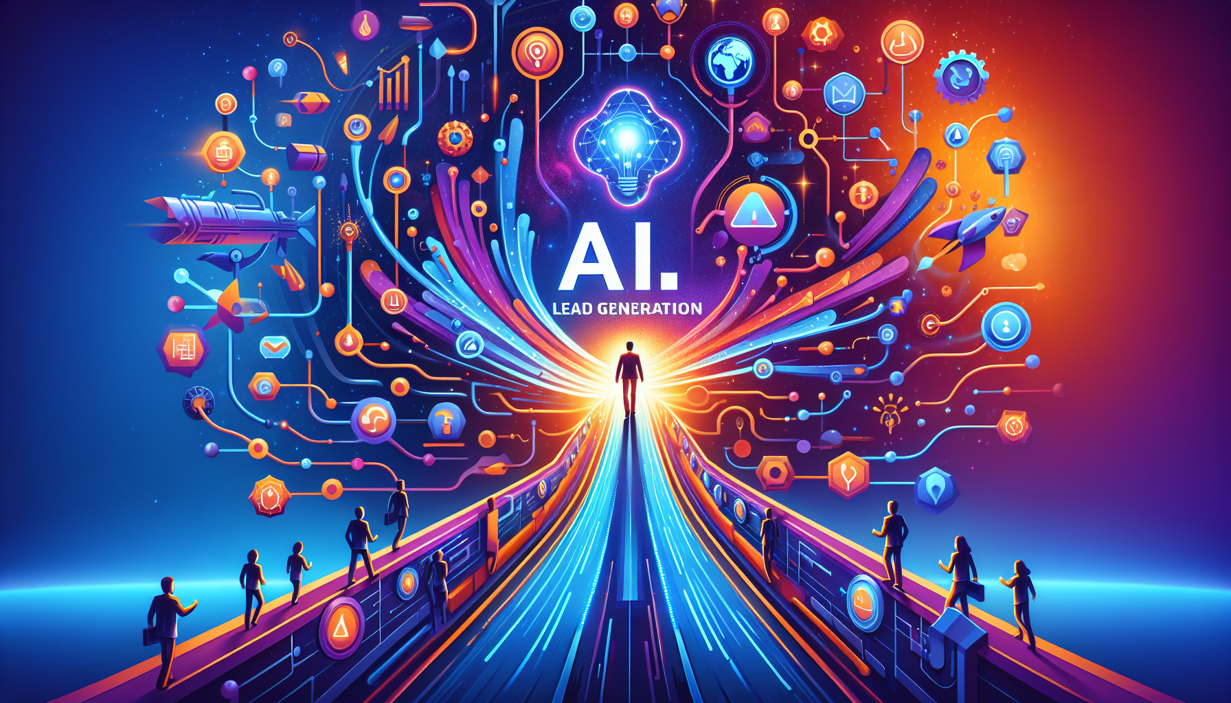 an image of AI lead generation as an exciting adventure representing innovation, growth, and transformation in modern marketing through AI technology. The image features a vibrant color palette of #689fb0, #9ec5d1, #6972ad, #474f91, #fff, symbolizing professionalism and creativity. It includes elements like digital networks, futuristic graphics, and dynamic pathways to convey forward momentum and limitless potential, illustrating cost-effective solutions and business empowerment.