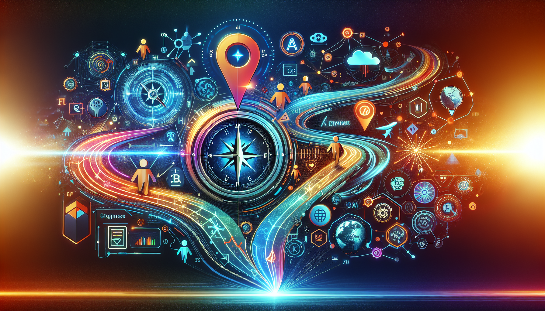 an image of a vibrant 16:9 article cover representing 'Review: 3 Reasons AI Marketing is an Adventure', featuring AI as a guiding force like a GPS, with symbols of a compass and roadmap, digital interfaces, data streams, and diverse customer avatars, using hex colors ['#689fb0', '#9ec5d1', '#6972ad', '#474f91', '#fff'] for a futuristic yet accessible feel