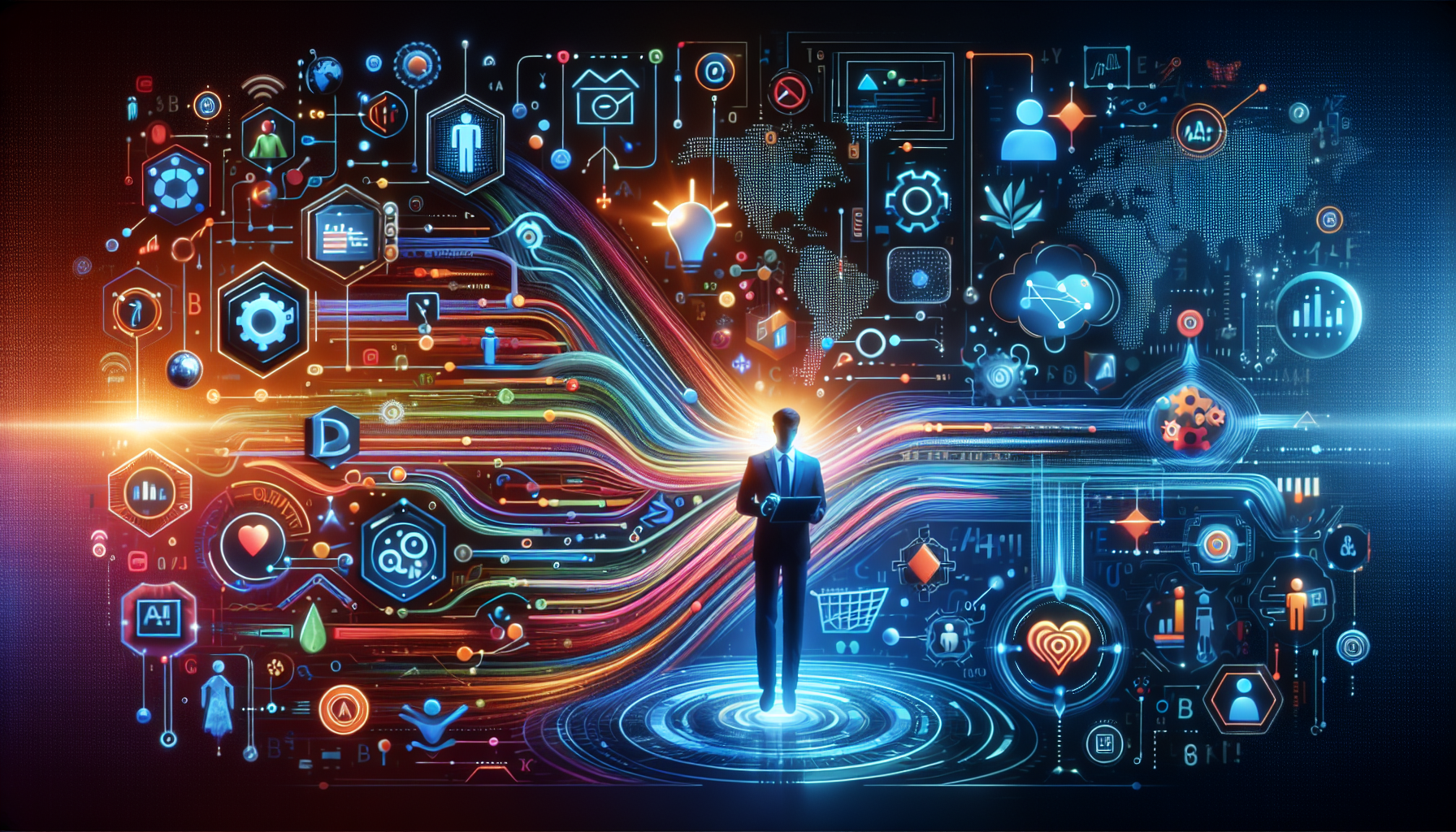 an image of AI marketing representing How to Choose AI Marketing: 5 Exciting Reasons, featuring interconnected data streams, digital marketing icons, and futuristic graphics. The color palette includes #689fb0, #9ec5d1, #6972ad, #474f91, and #fff, creating a sleek, modern look. The image also includes abstract representations of customer engagement, such as silhouettes or icons of people interacting with digital devices, emphasizing AI's efficiency, personalization, and data-driven insights.
