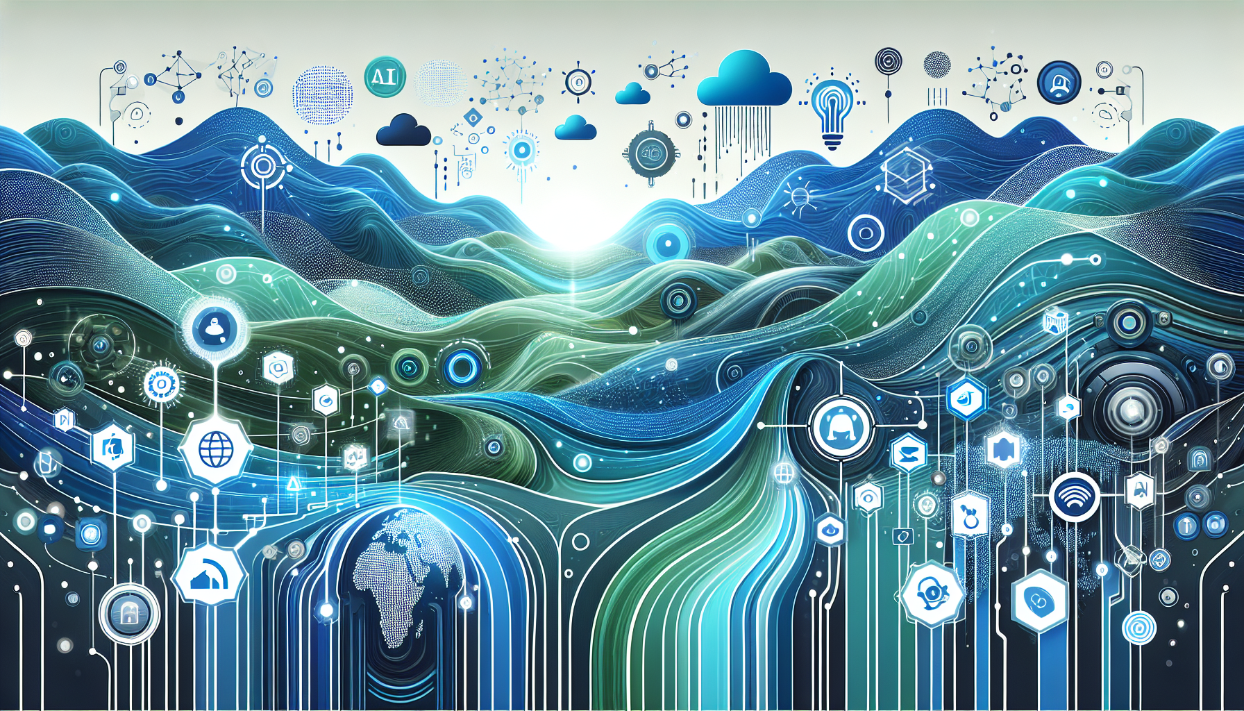 an image of a vibrant and dynamic 16:9 scene encapsulating the adventurous spirit of AI marketing in transforming business landscapes, featuring futuristic elements symbolizing AI's prowess in business growth. The color palette includes teal, light blue, blue, deep blue, and white, creating a harmonious yet striking contrast. Digital motifs like data streams, personalized content interactions, and interconnected global markets represent AI's role in personalization, efficiency, data-driven decisions, real success stories, emerging trends, and optimized content creation. Graphical elements such as arrows or pathways symbolize progression and innovation in business solutions, highlighting the blend of technology and human creativity in AI marketing strategies.