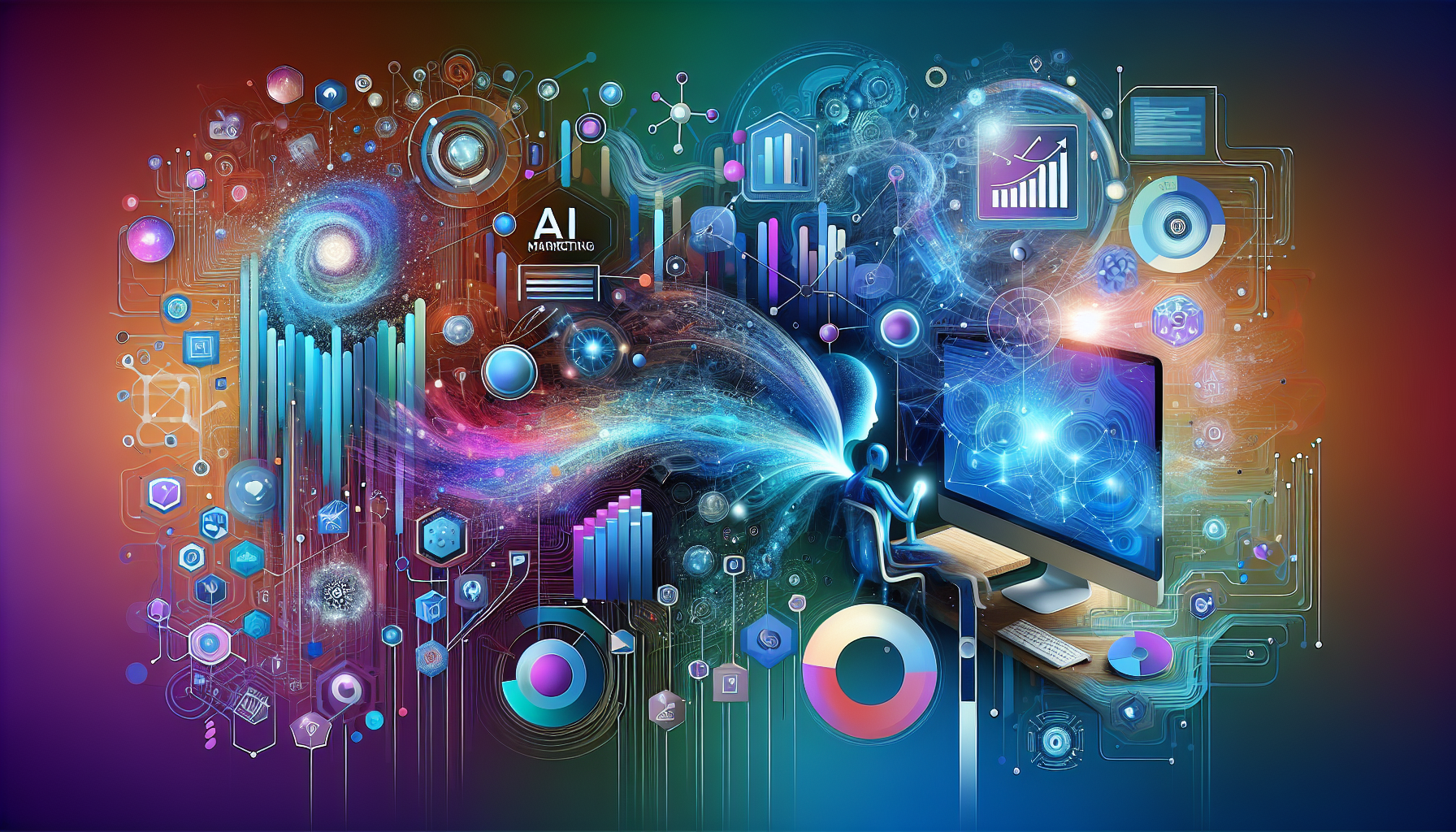 an image of a vibrant and dynamic 16:9 abstract representation capturing the essence of AI Marketing for a business-oriented article titled '10 Reasons Why Choose AI Marketing Today', featuring interconnected digital networks, data analytics graphs, and personalized customer journey paths in a harmonious color palette of teal, light blue, lavender, deep blue, and white, symbolizing innovation, efficiency, and transformation in the marketing landscape with a futuristic backdrop emphasizing automation, personalization, and data-driven insights.
