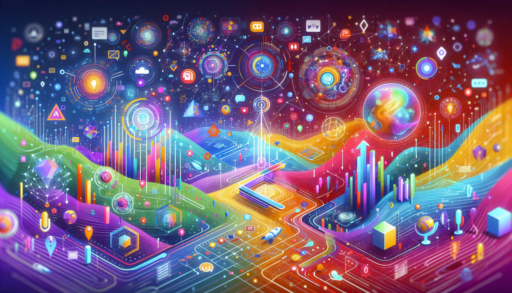A Guide to 5 Exciting AI Lead Generation Adventures: A vibrant digital illustration of a futuristic landscape where technology and innovation converge. The scene features holographic displays with abstract patterns, colorful AI algorithms, digital assistants, and a digital treasure map. Symbols of communication like speech bubbles and network lines are depicted, alongside growth symbols such as upward arrows and blooming plants. The color palette includes shades of blue and white, conveying innovation and optimism, while emphasizing creativity and the limitless potential of AI in marketing.