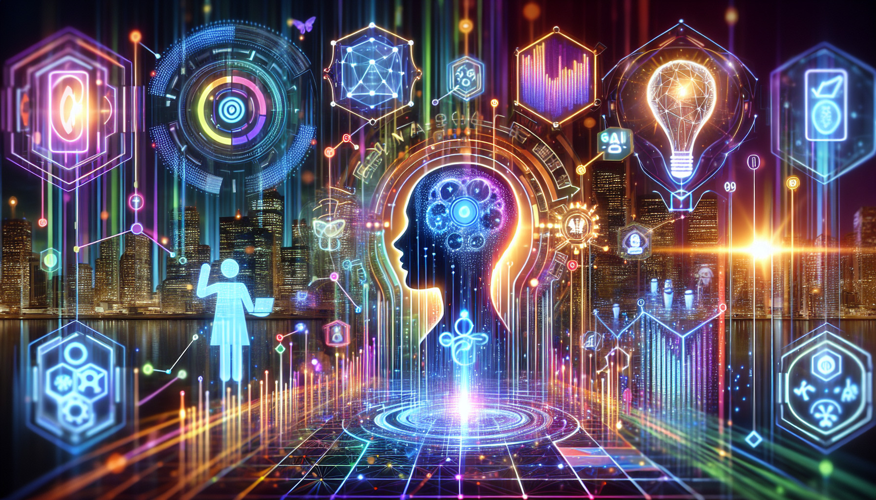 a vibrant and futuristic digital image representing AI-driven lead generation and marketing innovation, with the title 'Guide: 10 AI Secrets to Exciting Lead Vision' displayed. The image features a human and AI hologram collaborating amidst abstract icons symbolizing data flow and automation, set against a digital landscape of network grids and futuristic cityscapes, using a sophisticated color palette.