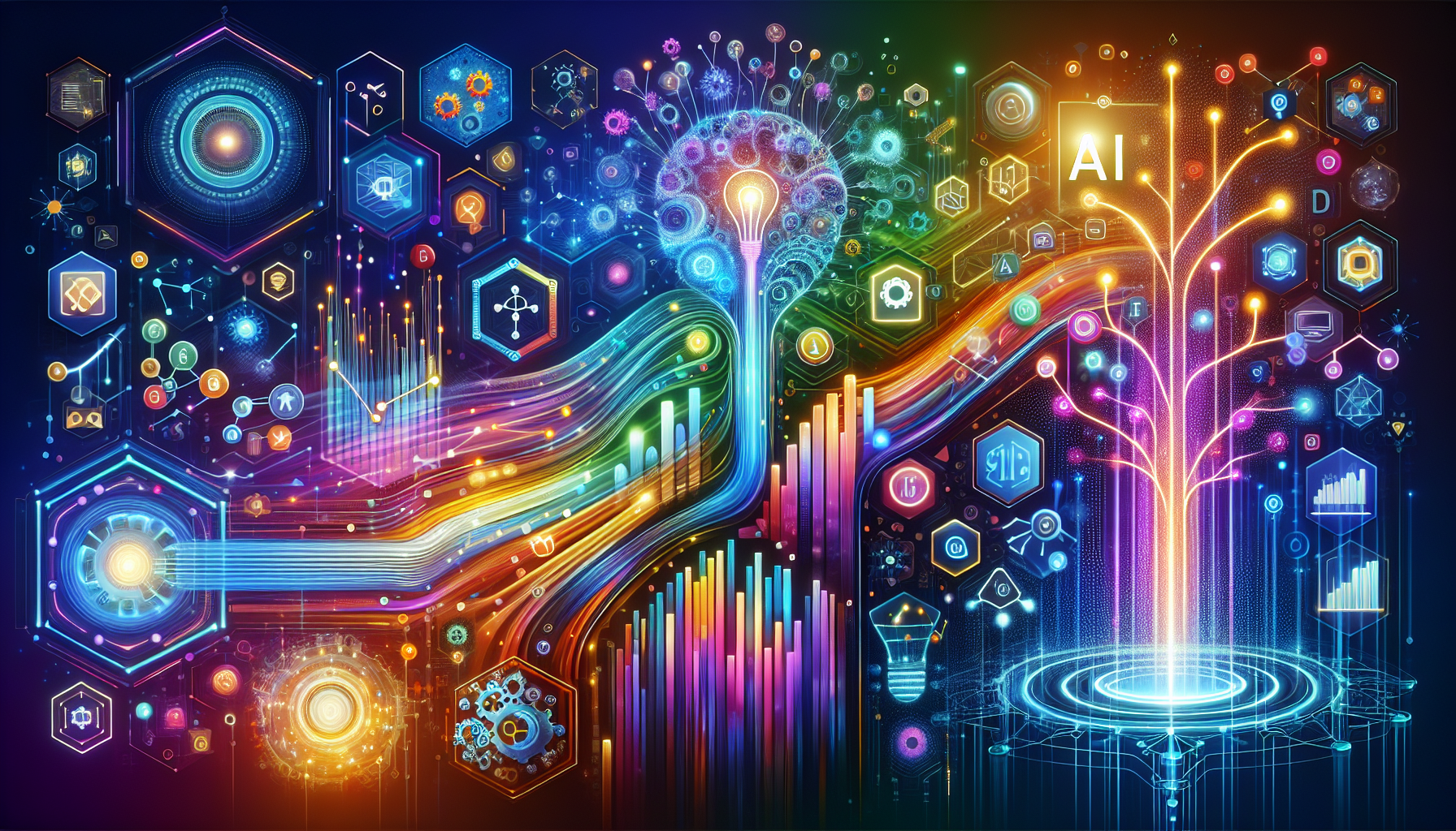an image of a vibrant and futuristic scene representing Why AI Lead Generation is Key to Visionary Success, featuring elements of advanced technology like digital neural networks, abstract data analytics, symbols of growth such as upward graphs, a digital tree with thriving nodes, and motifs of cost-effectiveness and efficiency like stylized gears and a digital pipeline, all set against a background blending hex colors #689fb0, #9ec5d1, #6972ad, #474f91 with accents of #fff to highlight innovation and forward-thinking.