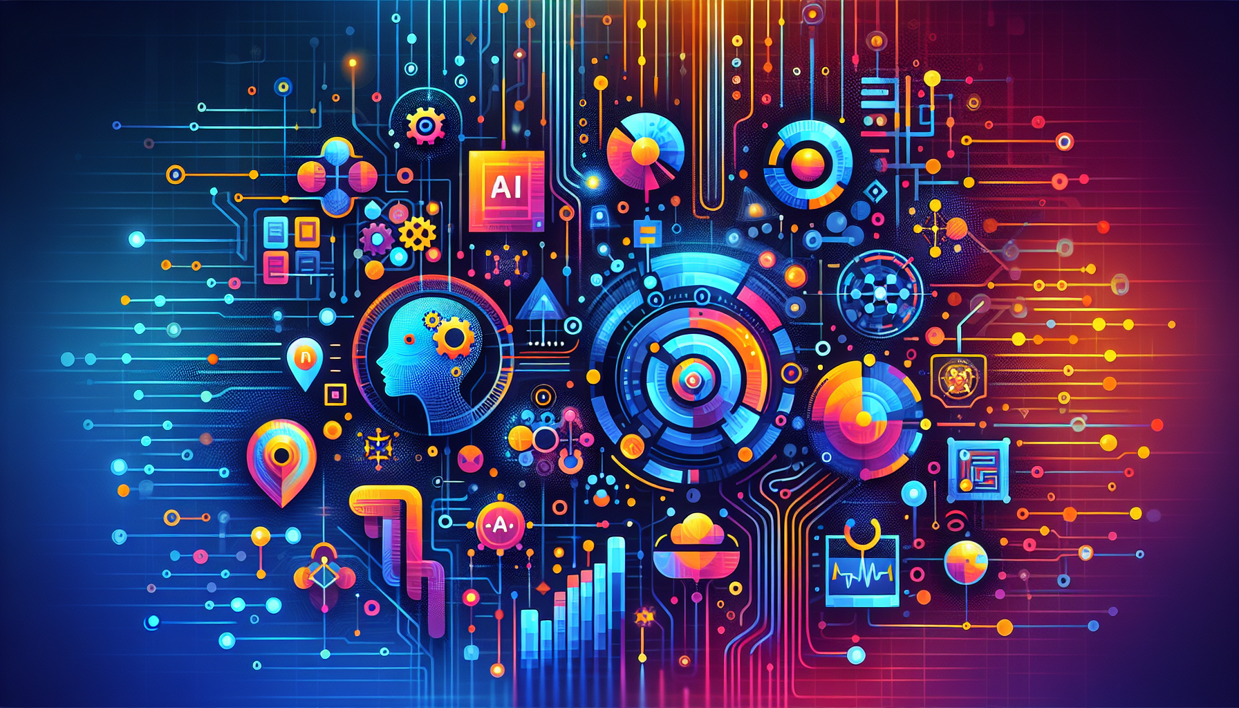 an image of visionary AI marketing strategies representing personalization, efficiency, and data insights with abstract icons of chatbots, predictive analytics, and content generation. Features futuristic elements like interconnected nodes and circuit patterns, with text overlays 'Personalization,' 'Predictive Analytics,' and 'Efficiency' in a modern, forward-thinking design. The color palette includes '#689fb0', '#9ec5d1', '#6972ad', '#474f91', and '#fff'.