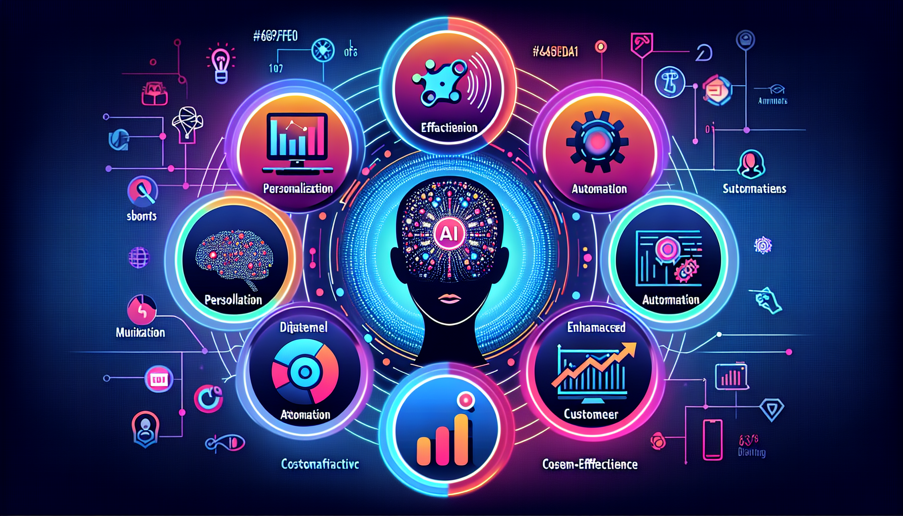 An image of a vibrant and engaging visual for an article titled "Review: 5 Compelling Aspects of AI Marketing," representing the transformative impact of AI marketing through personalization, efficiency and automation, data-driven insights, enhanced customer experience, and cost-effectiveness. Incorporates modern design with hex codes #689fb0, #9ec5d1, #6972ad, #474f91, and #fff, featuring symbols like a digital assistant, AI brain, data charts, and customer interaction icons, evoking innovation and forward-thinking.