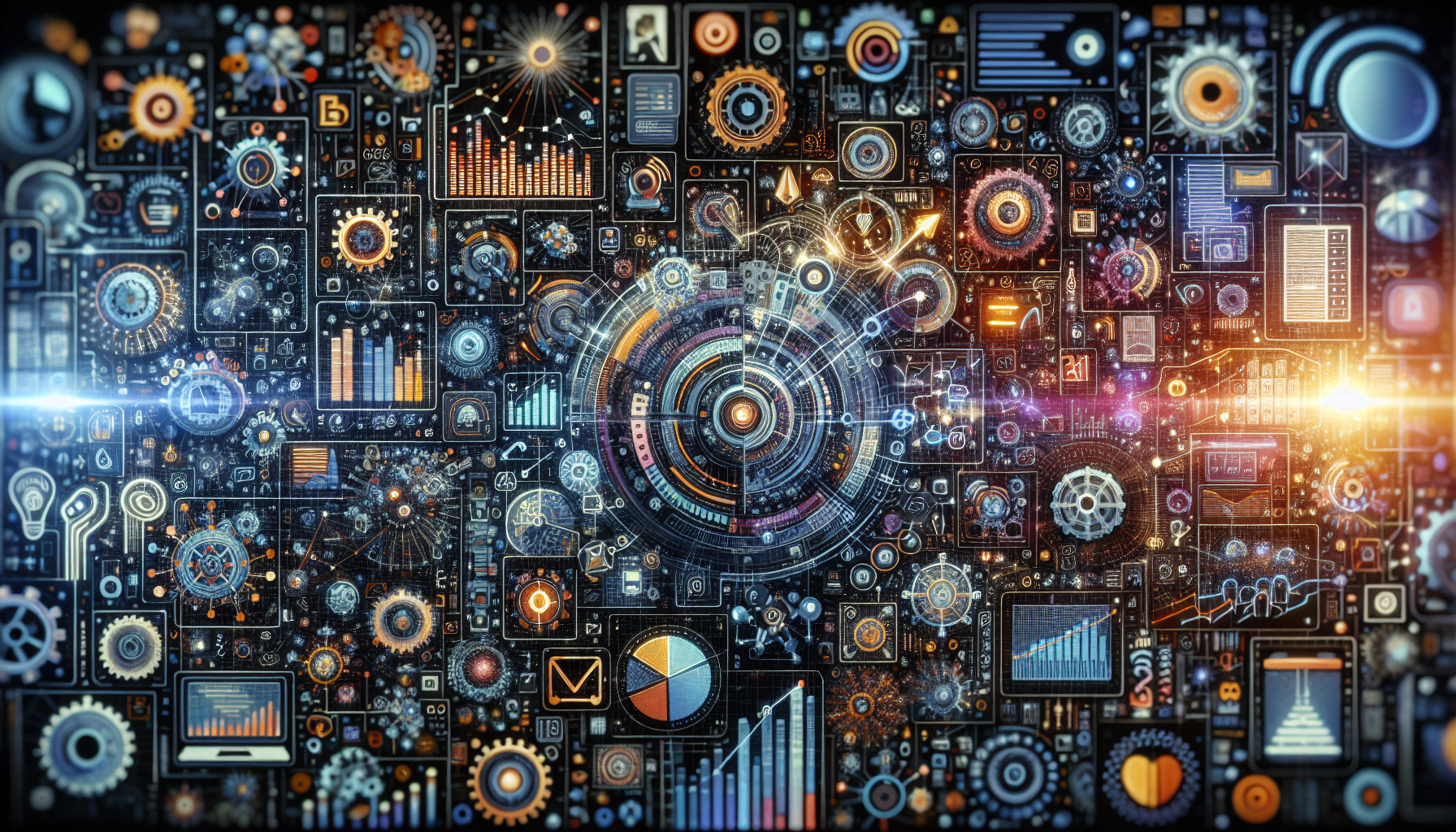 an image of a vibrant and dynamic digital world representing the transformative power of AI in lead generation for businesses, featuring elements like gears, networks, and digital interfaces. The scene includes AI-powered tools such as chatbots and email interfaces interacting with diverse digital leads, using a color palette of hex codes ['#689fb0', '#9ec5d1', '#6972ad', '#474f91', '#fff'] to convey innovation, reliability, and modernity. Subtle elements like rising graphs and flourishing connections symbolize business growth, highlighting AI's role in automating and optimizing lead generation processes. The overall tone is creative and futuristic, reflecting AI's forward-thinking nature in business strategy transformation.