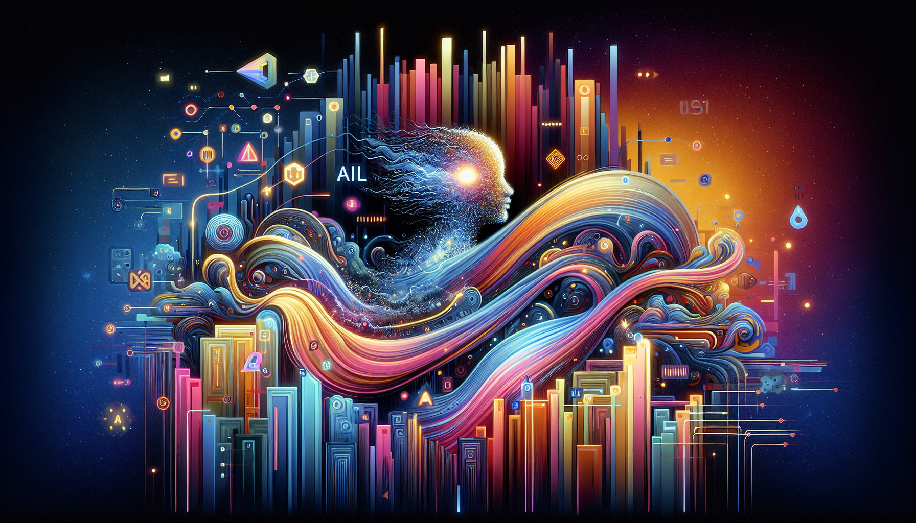 an image of a vibrant and forward-thinking 16:9 digital illustration representing the transformative power of AI marketing through a fusion of technology and creativity. The illustration symbolizes personalization, predictive analytics, and data-driven strategies with a sophisticated blend of colors #689fb0, #9ec5d1, #6972ad, #474f91, and #fff. It features a futuristic digital landscape, abstract data streams, and dynamic forms suggesting innovation and growth, conveying movement and potential in AI-driven marketing.