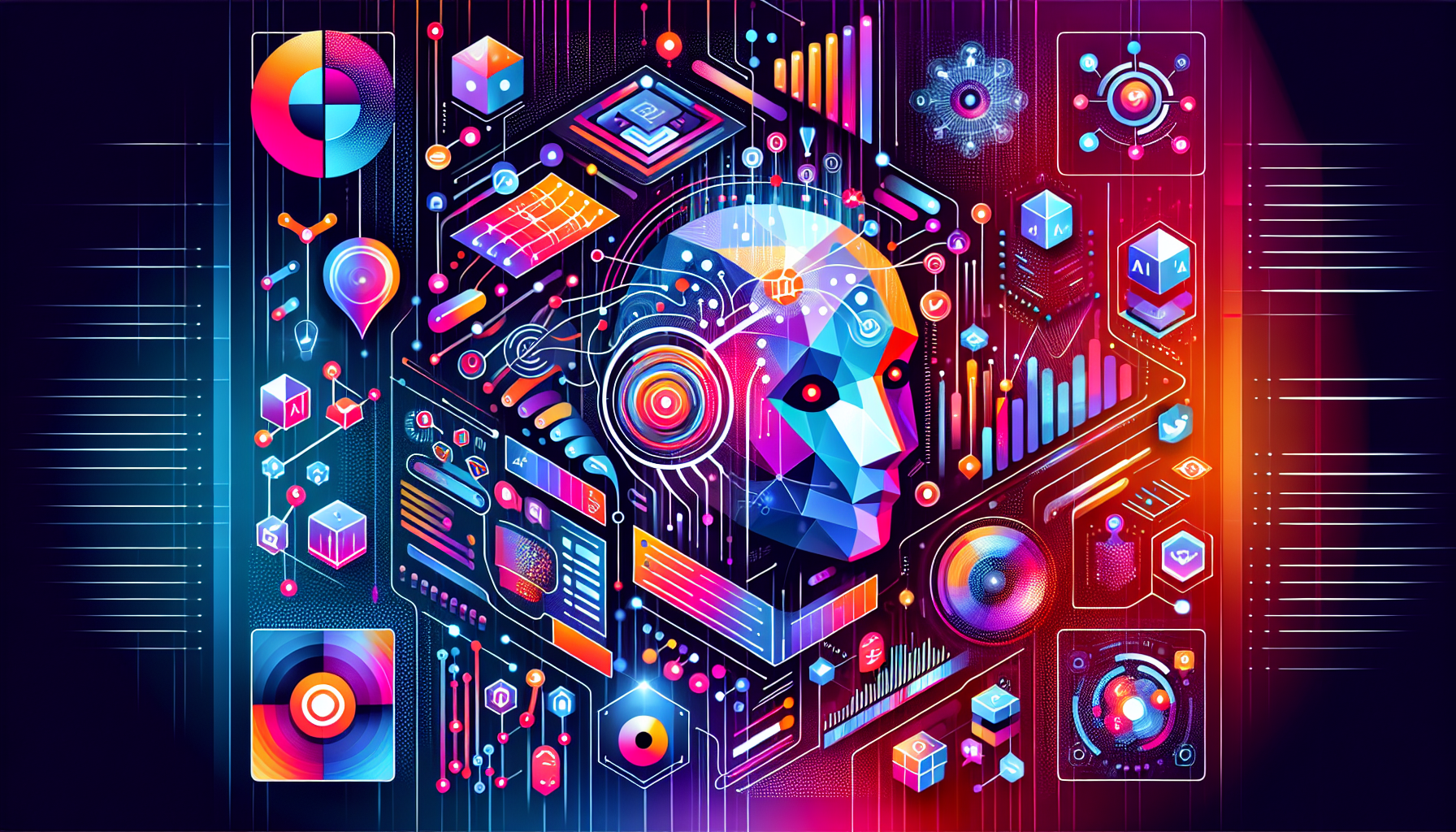 an image of vibrant geometric shapes and AI elements representing "Roundup: Top 7 AI Lead Generation Methods" with abstract algorithms, data analysis, chatbots, digital charts, and social media icons, showcasing innovation and efficiency in a futuristic tech-savvy style, using a color palette of #689fb0, #9ec5d1, #6972ad, #474f91, and #fff.