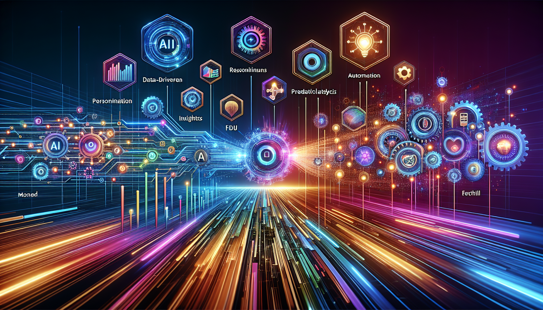 an image of vibrant 16:9 encapsulating dynamic synergy of AI marketing's five secrets, representing data-driven insights, personalization, automation, predictive analytics, and enhanced creativity in a modern, futuristic style. The image highlights dynamic data streams, personalized digital interactions, and efficiency symbols like gears or automation icons, with brand colors #689fb0, #9ec5d1, #6972ad, #474f91, and #fff. The backdrop conveys motion and innovation, suggesting growth and forward-thinking strategies, with subtle visuals of customer engagement and diverse customer avatars connected by digital pathways, communicating transformation and strategic advantage in the competitive digital marketplace.