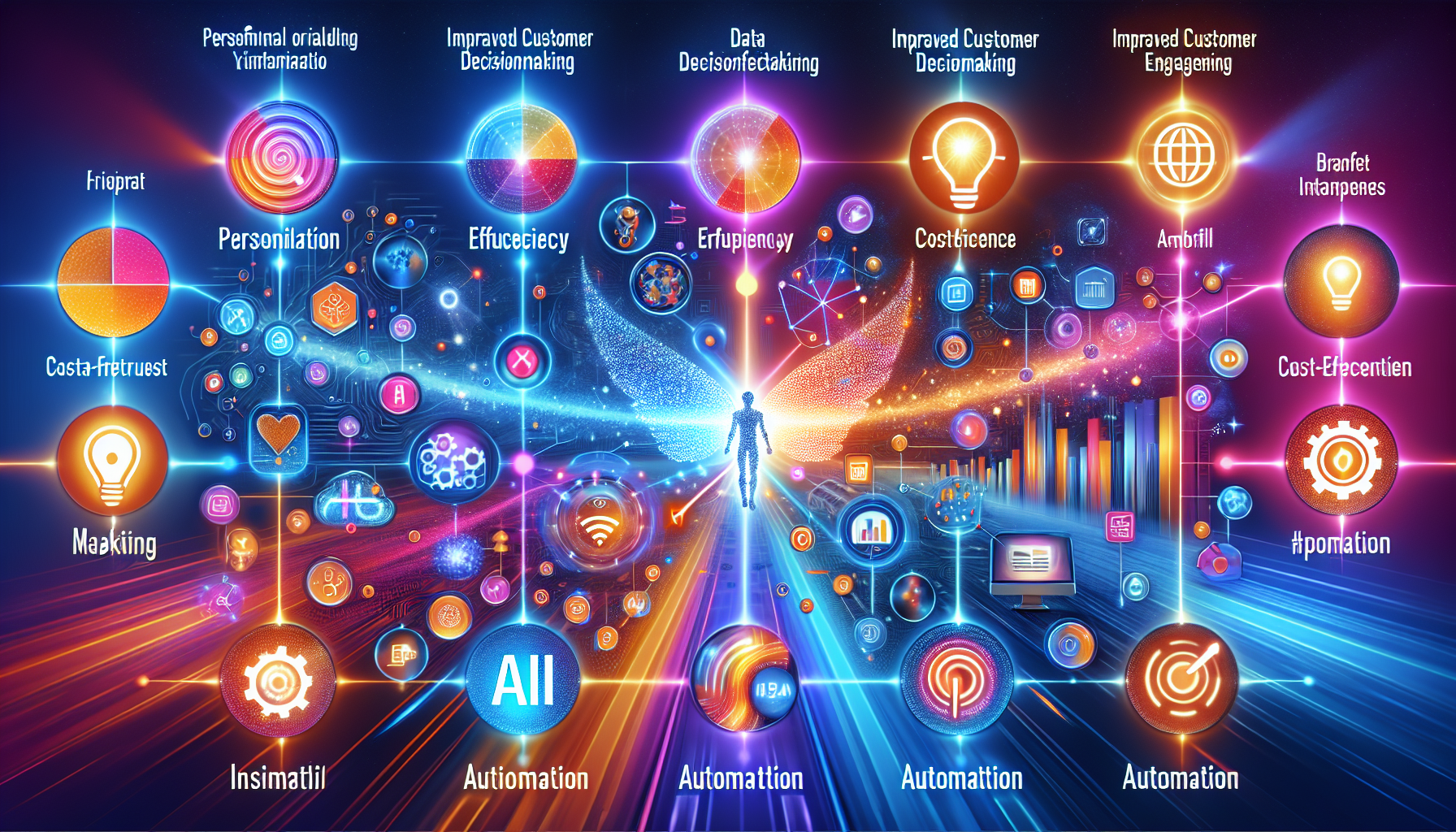 an image of AI marketing benefits representing personalization, efficiency, data-driven decision-making, cost-effectiveness, improved customer insights, automation, and real-time engagement, using a vibrant color palette and symbolic AI elements, reflecting the 'Guide to 7 Captivating AI Marketing Benefits'