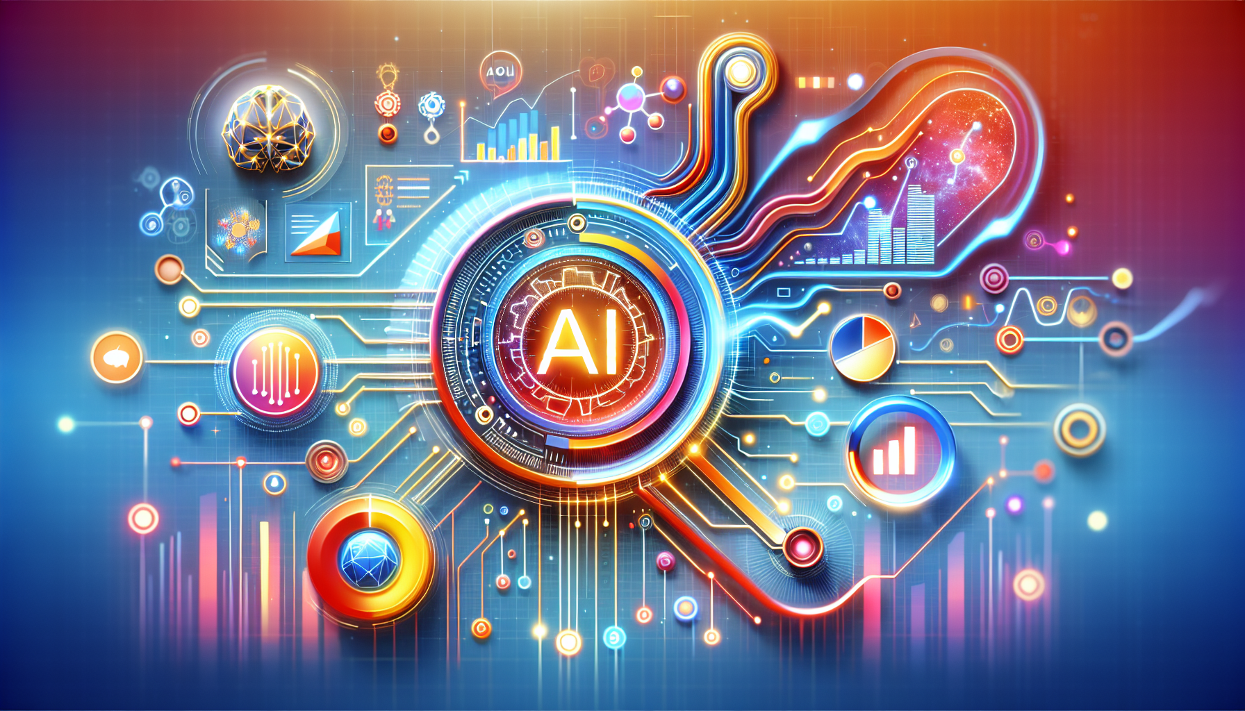 an image of a futuristic and creative design representing AI Marketing: 7 Exciting Ways to Boost Sales with elements like neural networks, digital charts, and AI-driven solutions in a palette of #689fb0, #9ec5d1, #6972ad, #474f91, and #fff, symbolizing innovation, growth, and efficiency.
