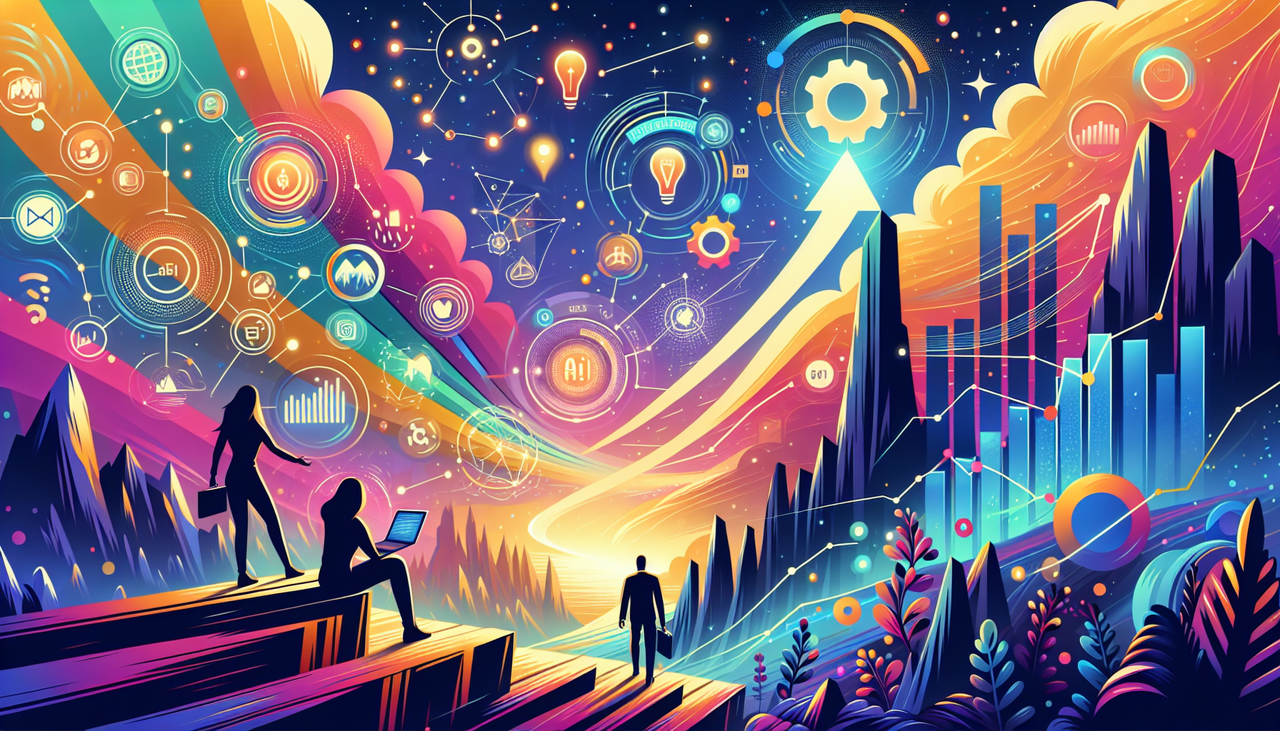 an image of AI lead generation tools represented by digital interfaces and symbols like HubSpot and Salesforce Einstein, interconnecting with business growth symbols such as upward arrows and graphs, set in a dynamic landscape or futuristic cityscape, using a palette of #689fb0, #9ec5d1, #6972ad, #474f91, and #fff, representing innovation and the transformative power of AI in marketing