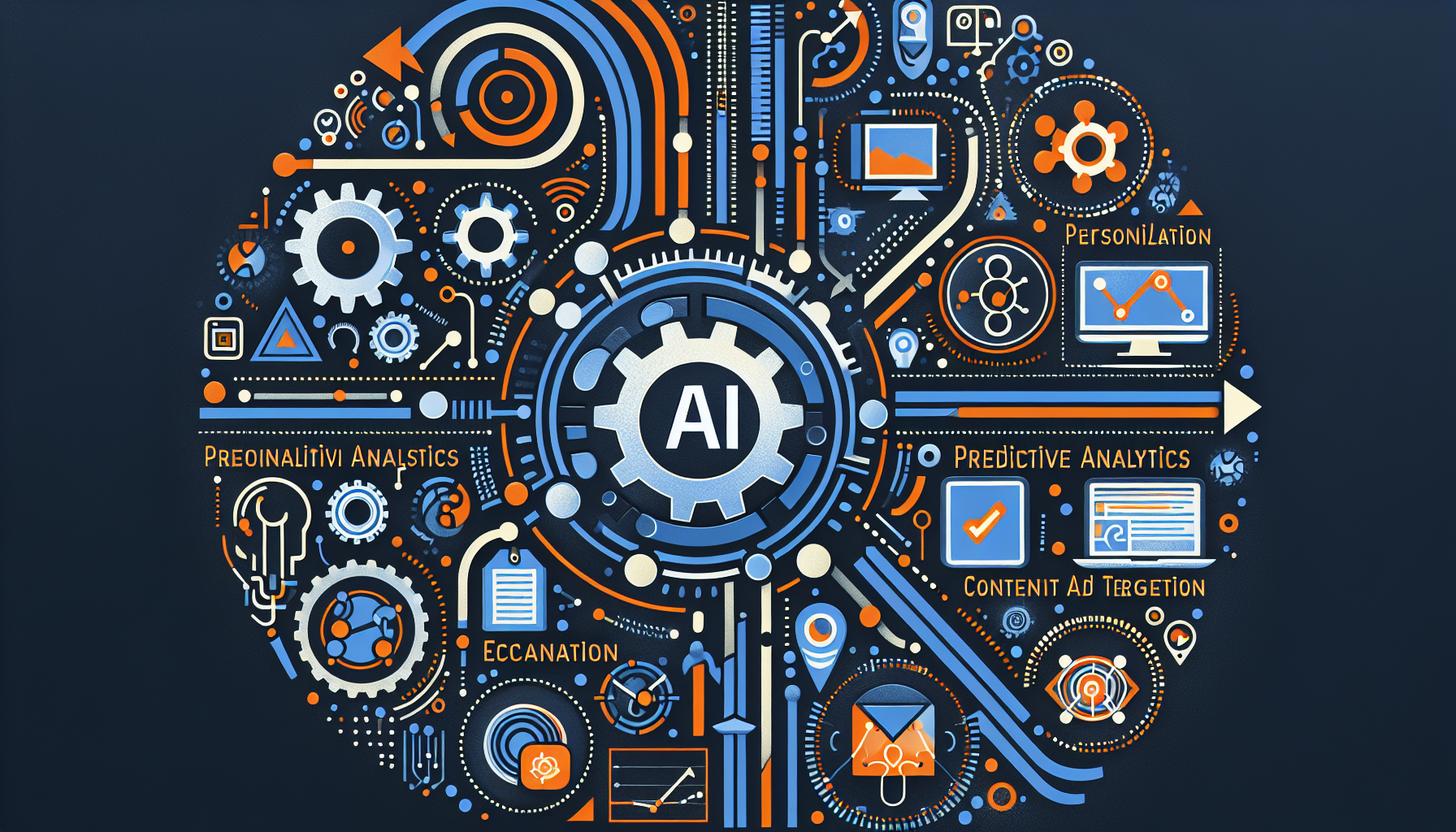 an image of a vibrant and eye-catching 16:9 scene representing AI's transformative impact on marketing strategies. It includes futuristic elements like gears and circuitry to symbolize automation and data analysis, illustrating how AI enhances efficiency, personalization, and engagement. The image creatively incorporates icons representing personalization, predictive analytics, efficiency, 24/7 availability, content creation, and improved ad targeting. The color palette features hex codes ['#689fb0', '#9ec5d1', '#6972ad', '#474f91', '#fff'], conveying innovation and growth. Dynamic elements like arrows and pathways suggest a journey or progression, aligning with the theme 'Top 6 Ways AI Drives Your Marketing Adventure.'
