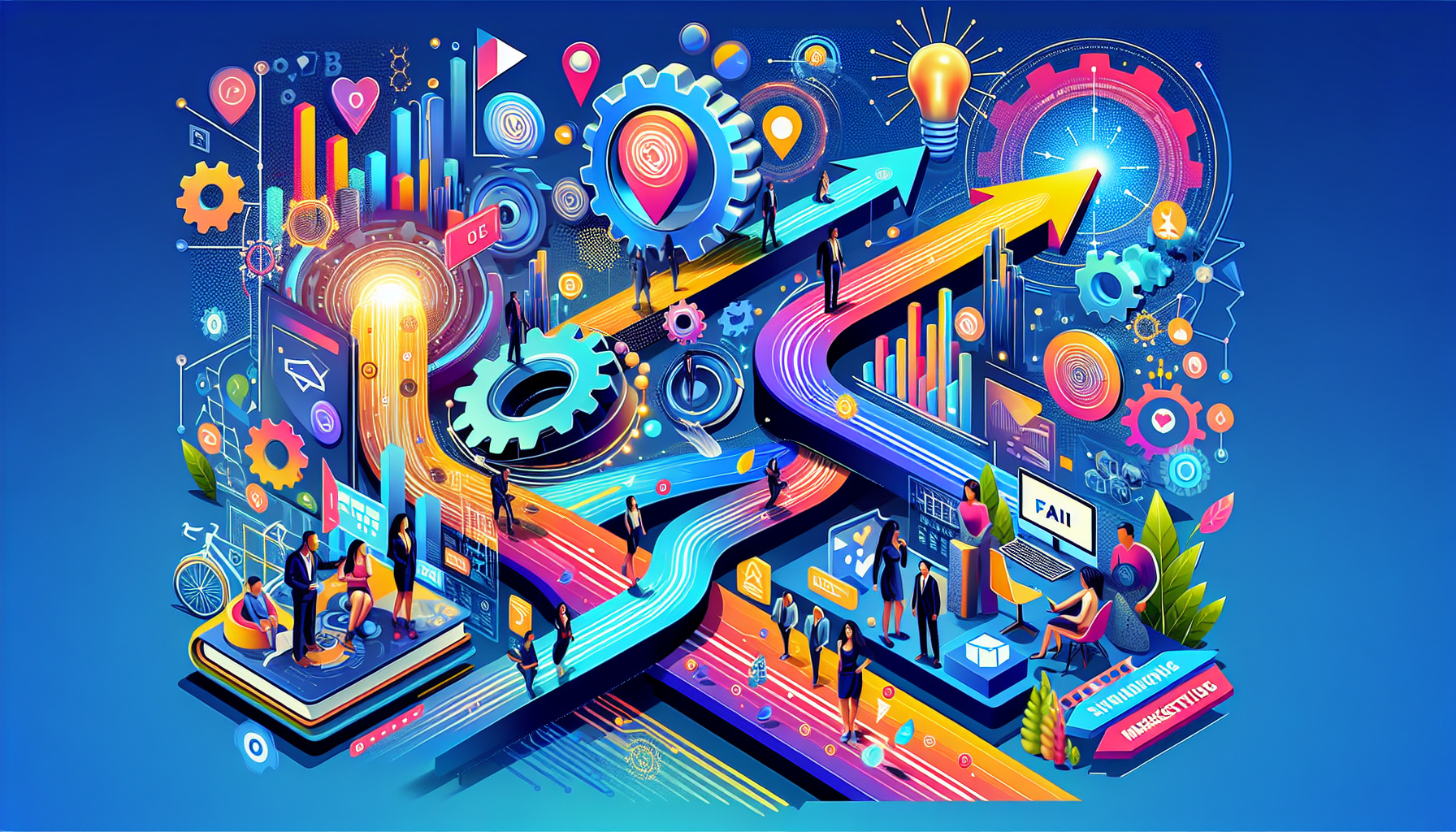 A vibrant and futuristic 16:9 digital illustration for an article titled "5 Ways AI Marketing Boosts Your Adventure". The image depicts a dynamic business journey transformed by AI marketing innovations, with elements symbolizing growth, efficiency, and personalization. Abstract representations of data flows, gears for automation, and diverse avatars for personalized customer interactions are highlighted. The color scheme includes #689fb0, #9ec5d1, #6972ad, #474f91, and #fff, blending seamlessly to convey modernity and digital transformation. Visual metaphors of a digital compass or roadmaps pointing towards growth and success emphasize the transformative power of AI, aligning with themes of digital transformation and personalized engagement, reflecting the synergy between AI and marketing.