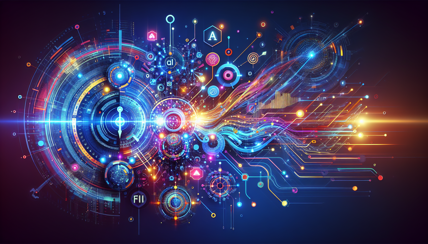 an image of AI lead generation as a driving force for business growth, featuring a dynamic and futuristic design with digital elements like interconnected nodes and abstract data streams, visual motifs such as a digital compass and target symbol, color palette of #689fb0, #9ec5d1, #6972ad, #474f91, and #fff, and metaphoric visualizations like upward arrows or expanding circles, representing scalability and growth.