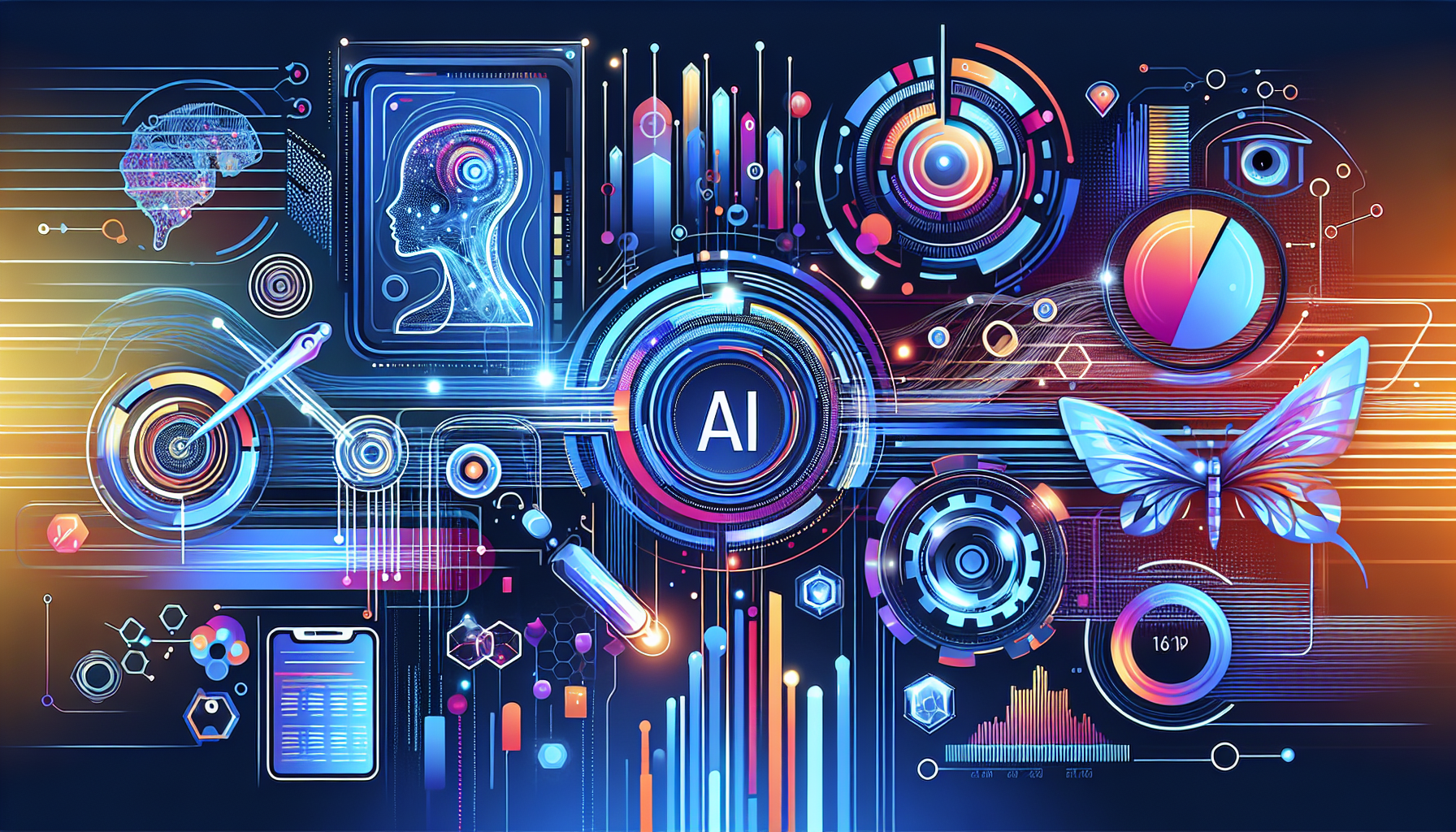 an image of AI marketing's transformative power representing AI-driven tools, hyper-personalization, predictive analytics, data streams, digital interfaces, efficiency, precision targeting, and futuristic aesthetics with colors #689fb0, #9ec5d1, #6972ad, #474f91, and #fff