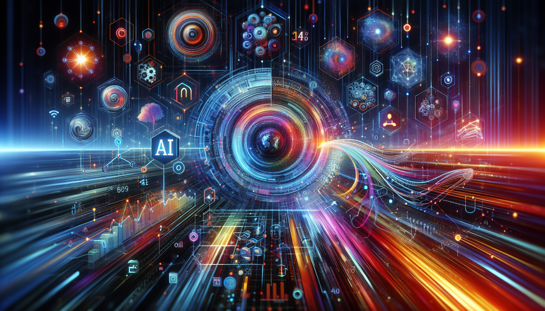 an image of a vibrant and futuristic digital ecosystem representing 5 Ways AI Lead Gen Transforms Your Business Vision, with abstract algorithms, data streams, and digital networks symbolizing precision targeting, efficiency, and business growth, using a color palette of #689fb0, #9ec5d1, #6972ad, #474f91, and #fff to evoke innovation and capability.
