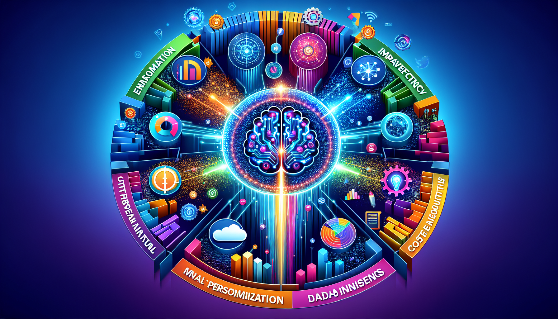 an image of a vibrant 16:9 design representing the transformative power of AI in marketing, featuring visual elements like a digital brain and icons for personalization, automation, data insights, cost-effectiveness, and scalability, with a color palette of '#689fb0', '#9ec5d1', '#6972ad', '#474f91', and '#fff'.