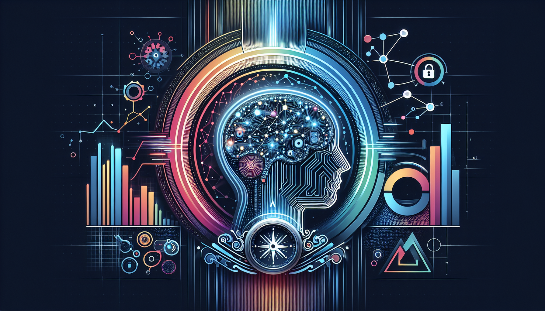 an image of a digital brain and network, representing AI's analytical capabilities, with upward graphs and compass symbols, embodying the transformative power of AI marketing and its visionary results
