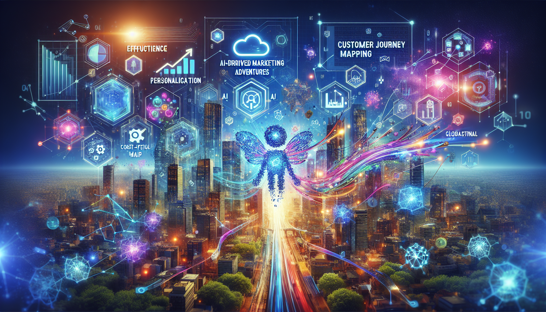 an image of a futuristic cityscape representing AI marketing adventures, highlighting the theme 'How AI Marketing Drives 5 Great Adventures'. The cityscape is vibrant and dynamic, symbolizing efficiency, personalization, cost-effectiveness, customer journey mapping, and global reach. Hex colors ['#689fb0', '#9ec5d1', '#6972ad', '#474f91', '#fff'] convey a modern and innovative atmosphere, with digital representations of AI like data streams and algorithms weaving through the city, illustrating the blend of technology and creativity, evoking excitement and possibility.