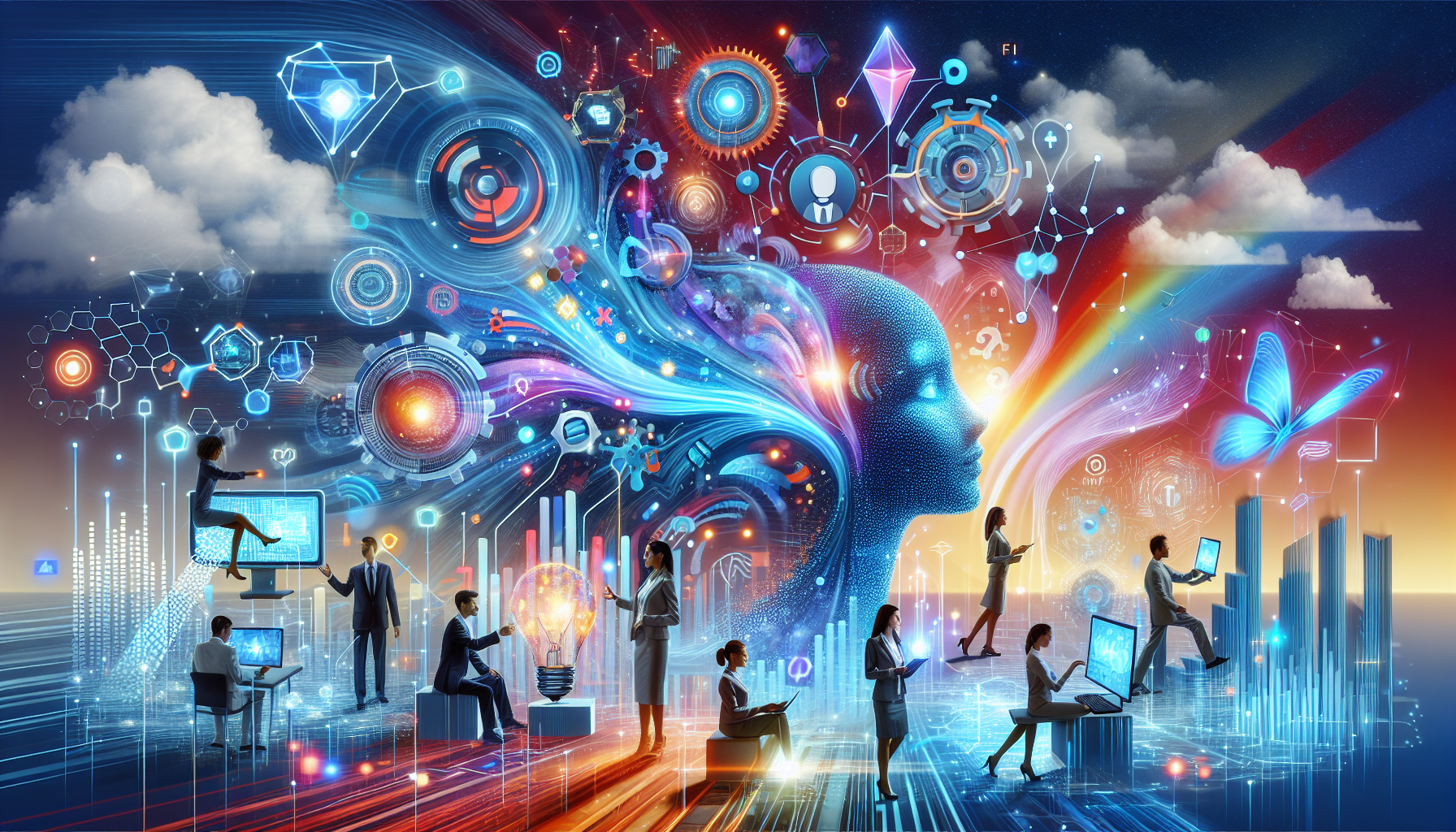 an image of AI transforming marketing into an adventure, featuring dynamic elements symbolizing efficiency, precision, and personalization in marketing, with futuristic AI motifs, interconnected digital network, abstract data streams or flowing algorithms, diverse business professionals engaging with holographic interfaces, transformation from traditional to AI-driven marketing, and a color palette of '#689fb0', '#9ec5d1', '#6972ad', '#474f91', and '#fff', representing Guide: 9 Ways AI Makes Marketing an Adventure