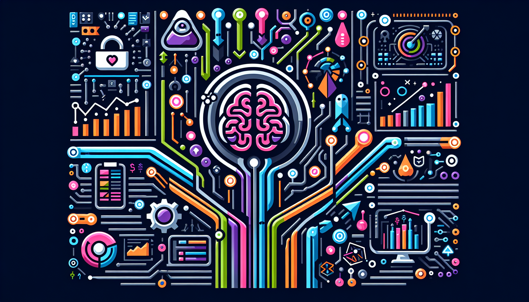 an image of a digital brain and circuit patterns representing AI, with upward graphs and interconnected nodes signifying business growth. Visual cues for personalization and data analysis are included, such as targeted icons and data streams. The color palette '#689fb0', '#9ec5d1', '#6972ad', '#474f91', '#fff' creates a dynamic and futuristic feel, embodying the eight benefits of AI marketing: precision targeting, personalization, cost efficiency, enhanced customer experience, scalability, predictive analytics, 24/7 availability, and innovative campaigns. Review: 8 Reasons to Dive into AI Marketing.