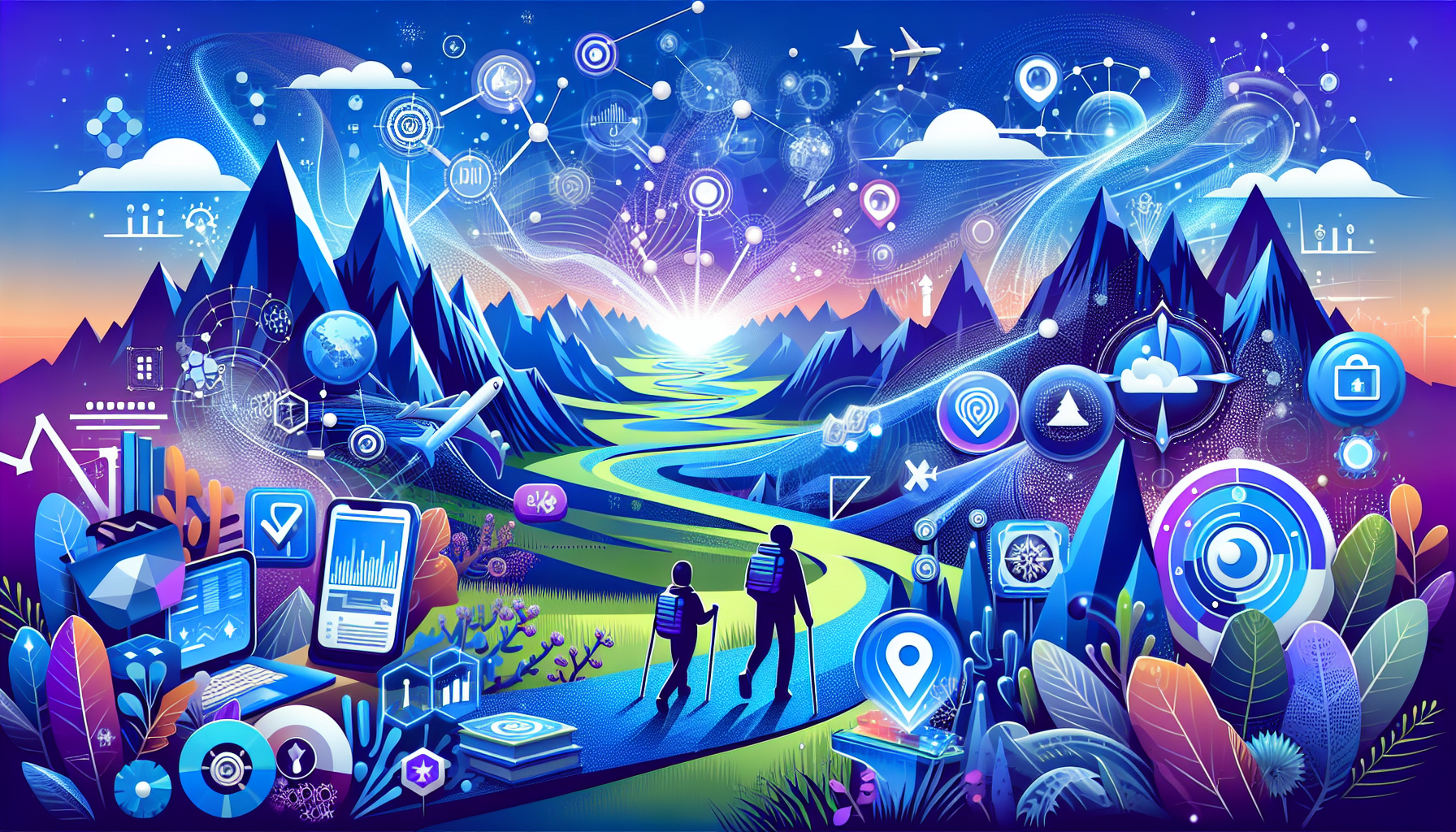 A vibrant 16:9 image titled 'Your Guide to 6 Adventure-Packed AI Marketing Tips,' featuring a futuristic digital marketing landscape as an exciting journey. Includes elements like predictive analytics, personalization, task automation, content optimization, customer insights, and innovative advertising, with a color palette of #689fb0, #9ec5d1, #6972ad, #474f91, and #fff. Visual motifs include digital icons, maps, and compasses, symbolizing exploration and guidance, with abstract elements suggesting data flow and connectivity.