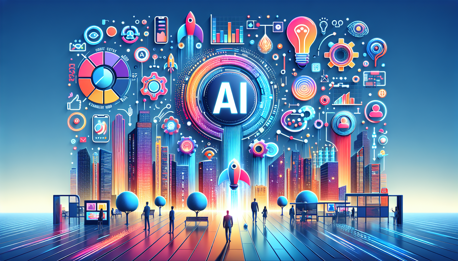 An image of a futuristic cityscape representing 'How 10 Exciting Reasons Drive AI Marketing Success' with elements like data analytics symbols, automated tools, and personalized interactions. The central AI-powered hub symbolizes efficiency, personalization, data-driven decisions, and innovation. Abstract icons suggest enhanced customer engagement and insights, with rocket icons hinting at growth and innovation. The color palette includes '#689fb0', '#9ec5d1', '#6972ad', '#474f91', '#fff', creating depth and movement.