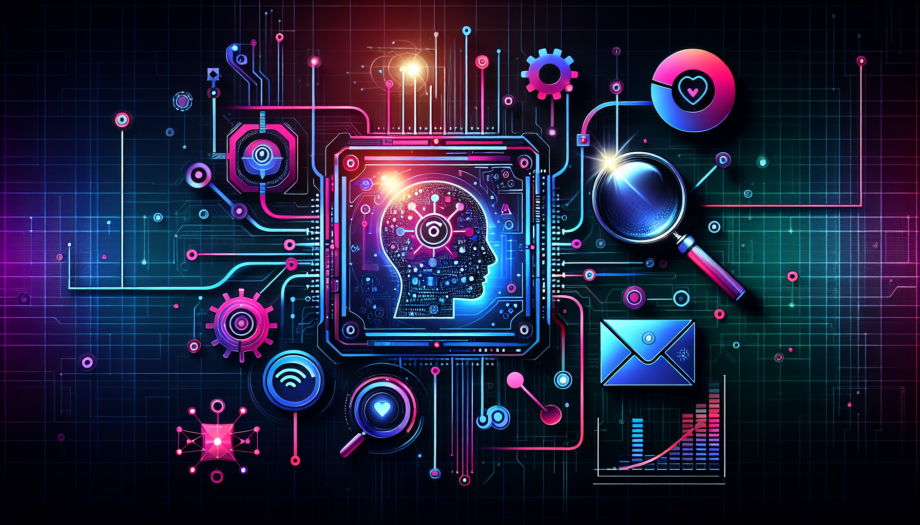 an image of a vibrant and modern 16:9 scene representing the Guide to 5 Exciting Adventures in AI Lead Gen, featuring futuristic elements of AI technologies revolutionizing marketing strategies. It includes icons for predictive insights, a digital assistant for chatbots and engagement, personalized email campaign symbols, social media listening graphics, and automated lead scoring. The color palette includes #689fb0, #9ec5d1, #6972ad, #474f91, and #fff, with a background evoking innovation and digital transformation through abstract geometric patterns and circuits, subtly suggesting growth and connectivity.