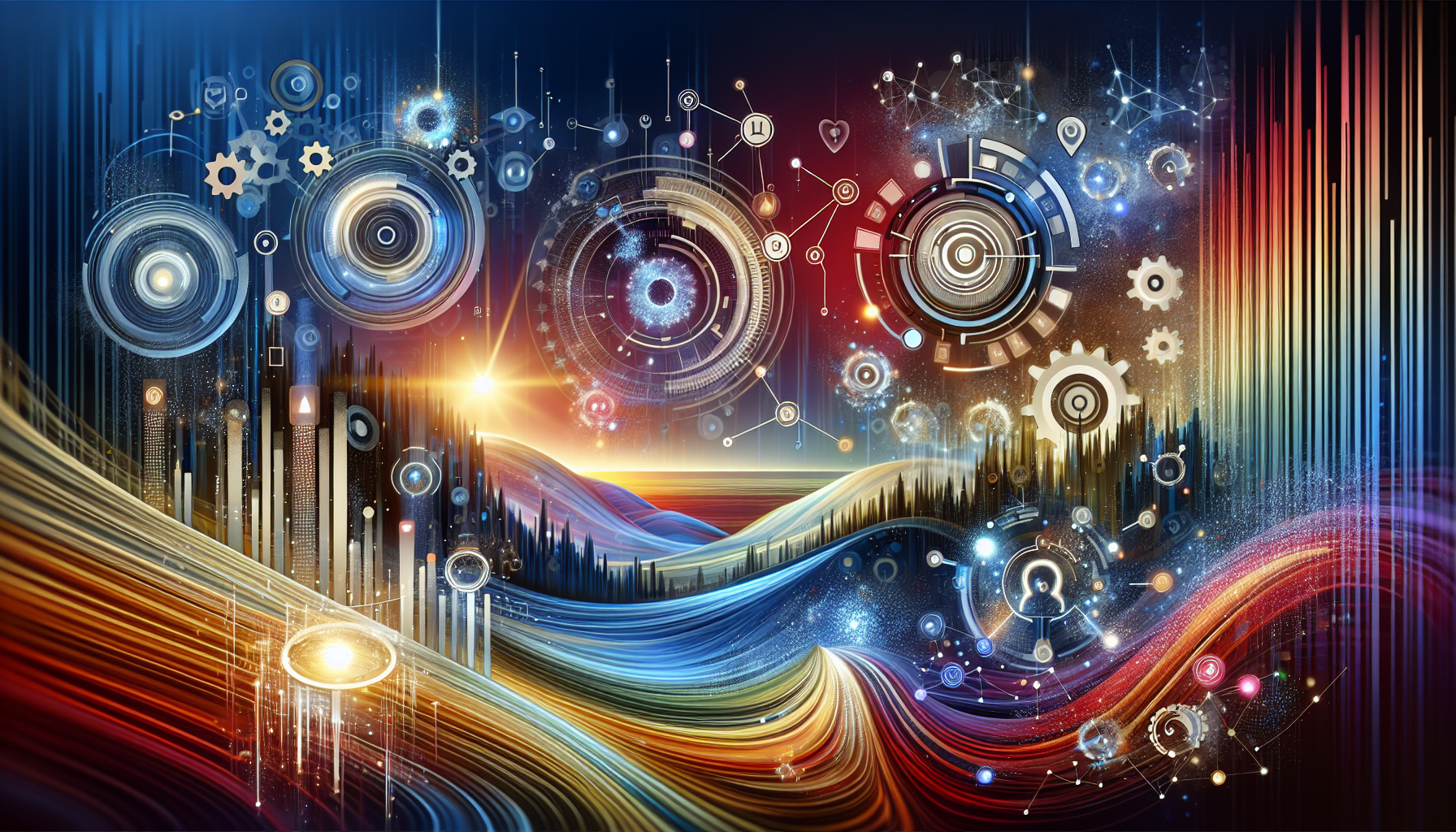 an image of a futuristic digital landscape with AI technology as a friendly assistant, represented by abstract AI algorithms and data analysis. Symbols of efficiency like gears and digital clocks, spotlight effects for targeting, and interconnected nodes for personalization are included. The color palette uses '#689fb0', '#9ec5d1', '#6972ad', '#474f91', '#fff', conveying innovation and professionalism. The text overlay reads 'Visionary AI Lead Generation Tools' with the subtitle 'Efficiency, Targeting, Personalization.' The tone is exciting and forward-thinking, depicting AI as essential for business growth, accompanying the article 'Review of 6 Visionary AI Lead Generation Tools.'