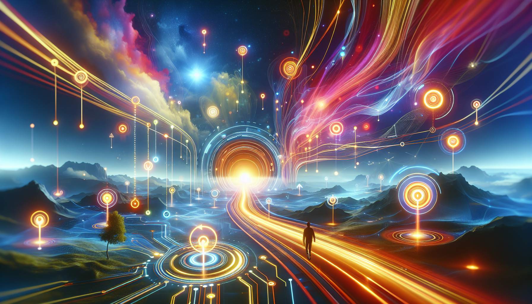 an image of a futuristic landscape representing AI lead generation as an adventure, featuring a digital compass, navigation map with glowing nodes, and vibrant pathways. The color palette includes '#689fb0', '#9ec5d1', '#6972ad', '#474f91', and '#fff', emphasizing innovation and technology.
