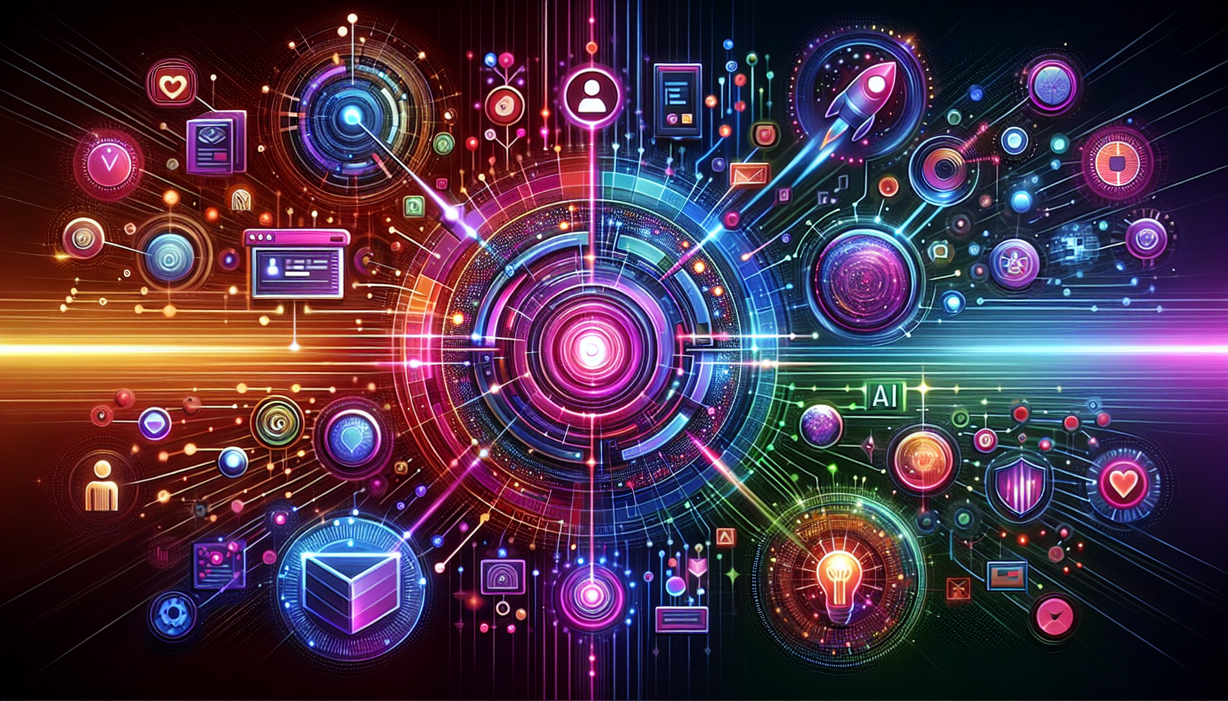 an image of a vibrant and futuristic digital marketing landscape representing Guide to 10 AI Visionary Lead Strategies, featuring a pulsating AI energy core connecting elements like digital algorithms, chatbots, and data analytics with a color palette of '#689fb0', '#9ec5d1', '#6972ad', '#474f91', and '#fff', symbolizing innovation and forward-thinking in AI-driven technologies.
