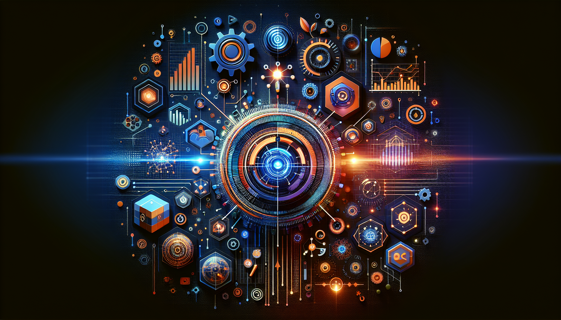 an image of a futuristic AI engine representing Why AI Lead Generation is a Game-Changer, with diverse digital marketing elements like data streams, algorithms, and customer profiles, using a vibrant color palette including #689fb0, #9ec5d1, #6972ad, #474f91, and #fff. The image includes symbols of efficiency, precision, and scalability such as gears, graphs, and expanding networks, highlighting AI as a smart assistant with elements like a digital crystal ball or magnifying glass. Subtle nods to small and medium-sized businesses are depicted with symbols like a growing plant or ascending arrow, conveying potential business growth, and appealing to businesses ready to harness AI for marketing strategies.