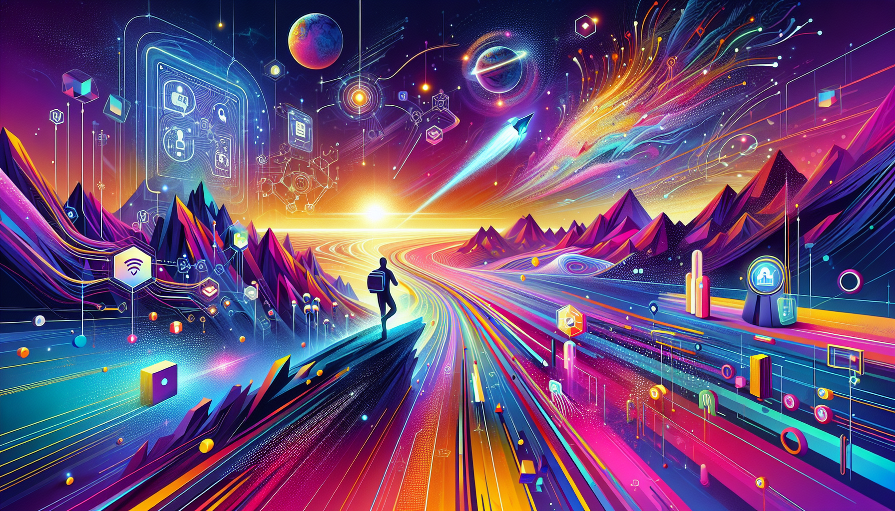 an image of a futuristic landscape representing AI lead generation as an exhilarating adventure, with dynamic lines, laser beams, and personalized touch points, featuring a color palette of #689fb0, #9ec5d1, #6972ad, #474f91, and #fff, embodying innovation and excitement.