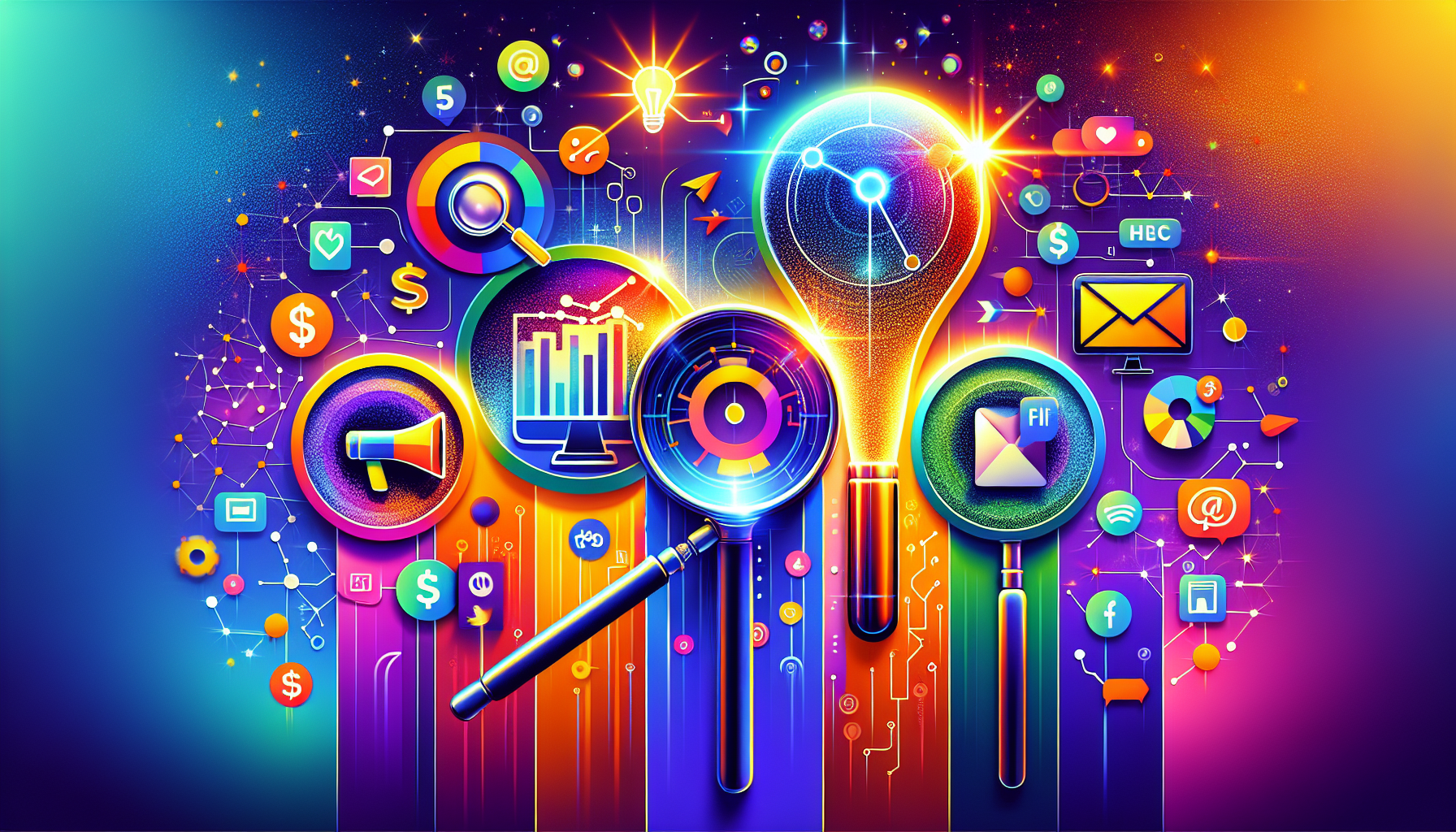 An image of a vibrant 16:9 composition titled "Roundup: Top 5 AI Marketing Adventures", featuring abstract icons for SEO, social media, website design, paid advertising, and email nurturing. The palette includes #689fb0, #9ec5d1, #6972ad, #474f91, and #fff, symbolizing innovative AI marketing strategies and business growth.