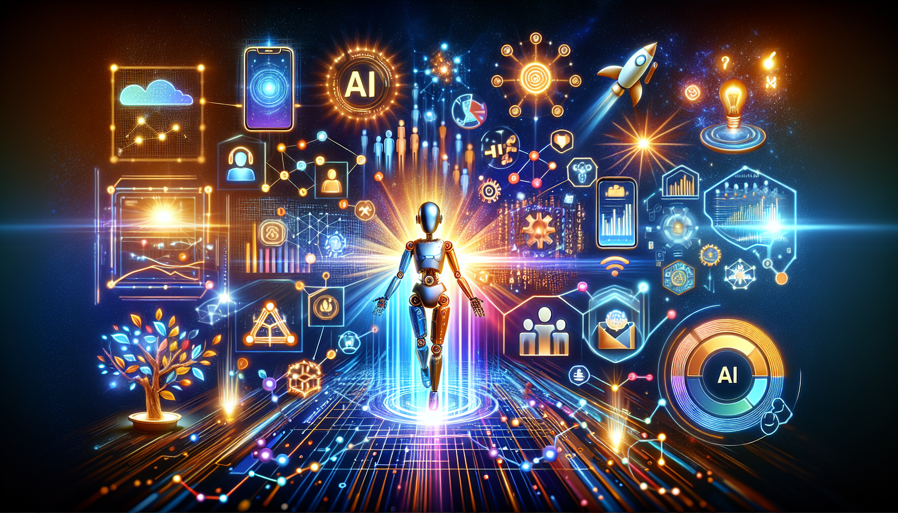 an image of futuristic AI lead generation with interconnected data streams, chatbots, and digital interfaces representing 10 Exciting Visions to Drive AI Lead Generation