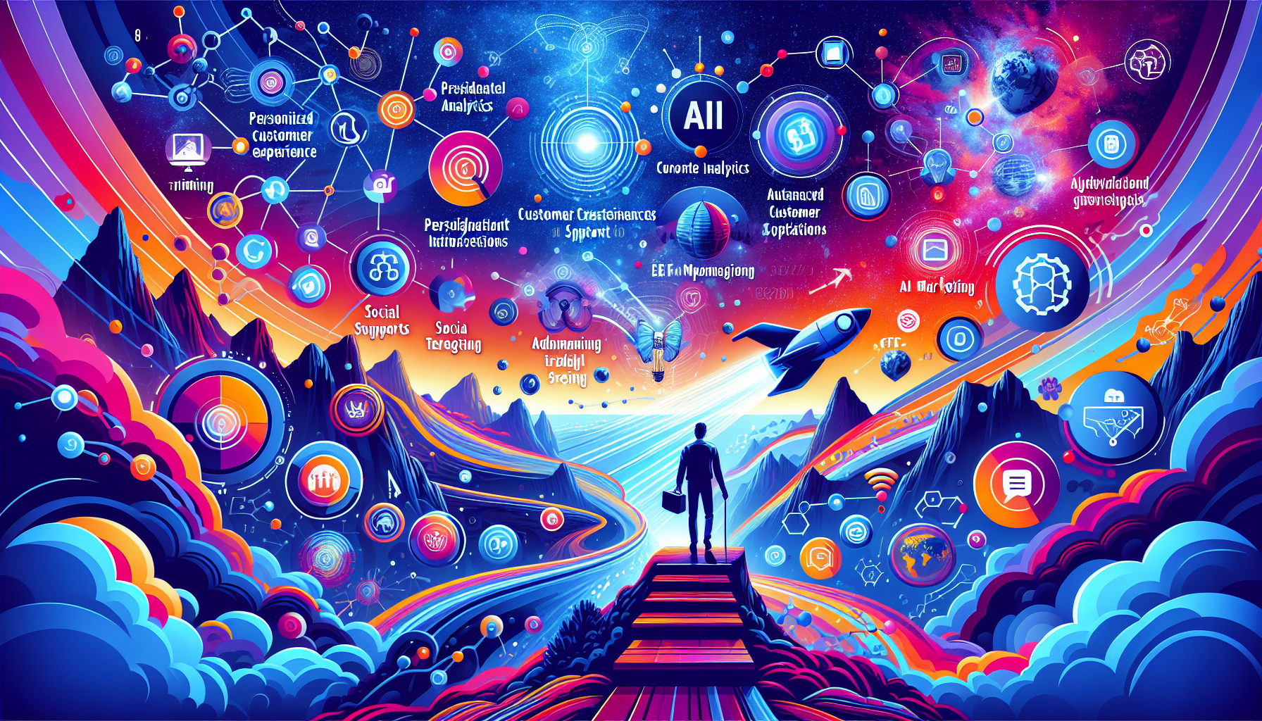 an image of a vibrant and imaginative landscape representing AI Marketing Adventures with elements symbolizing eight strategies for AI marketing success: personalized customer experiences, predictive analytics, automated content creation, enhanced customer support, efficient ad targeting, social media insights, advanced SEO optimization, and branding strength. The image uses a color palette of #689fb0, #9ec5d1, #6972ad, #474f91, and #fff, and includes abstract representations of AI technology and marketing such as network patterns or algorithmic elements, all set in an adventurous setting that conveys innovation and potential.