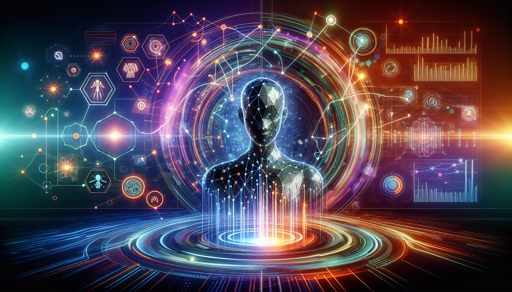 an image of a futuristic AI assistant orchestrating a digital network, representing How AI Lead Generation Drives Exciting Results with sleek lines and nodes symbolizing smart algorithms and data streams in a color palette of #689fb0, #9ec5d1, #6972ad, #474f91, and #fff