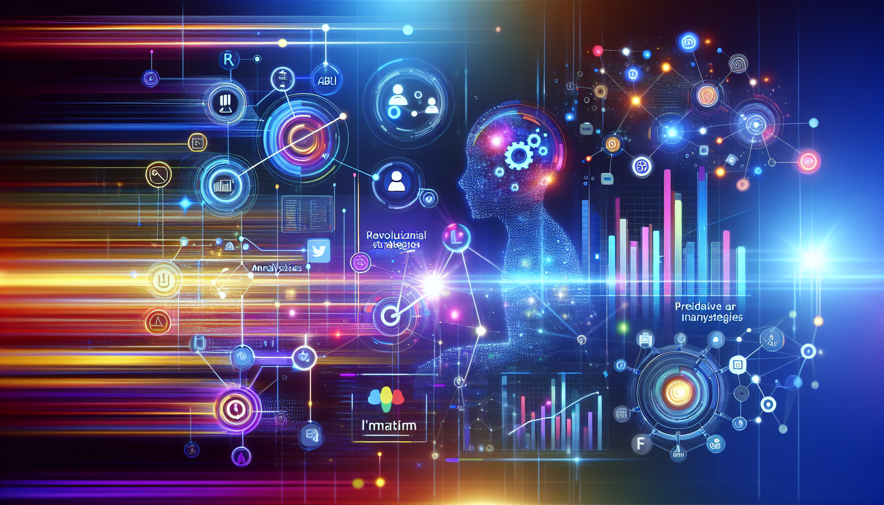 an image of a futuristic AI marketing scene representing interconnected digital elements, efficiency, personalization, and data-driven insights, with abstract AI-driven tools like chatbots and predictive analytics, using a sleek color palette of #689fb0, #9ec5d1, #6972ad, #474f91, and #fff