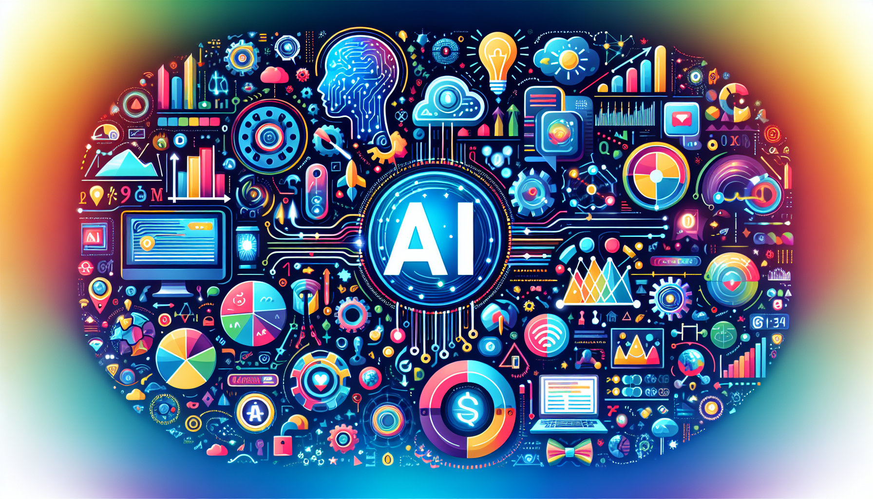 an image of vibrant and creative AI marketing tactics for SMBs representing personalized customer experiences, automated content creation, AI-driven SEO, predictive analytics, AI chatbots, social media sentiment analysis, dynamic pricing strategies, efficiency, engagement, and profitability
