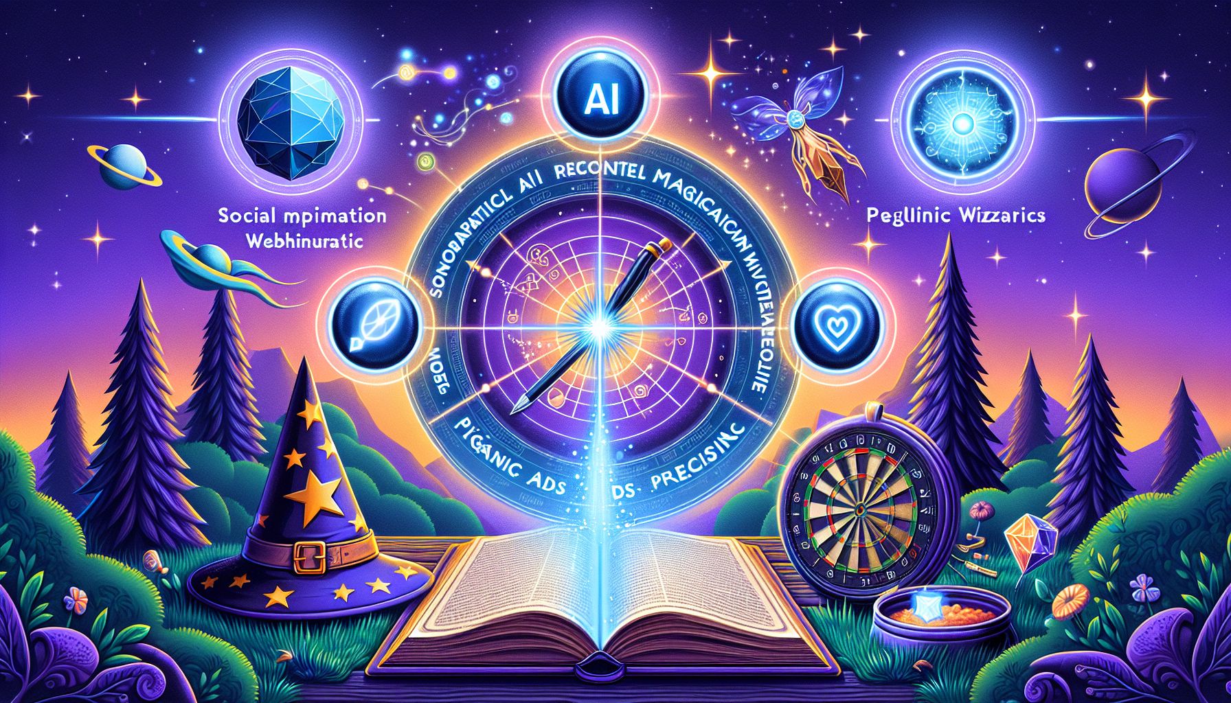 an image of a futuristic landscape with six distinct paths representing SEO Optimization, Social Media Magic, Website Wizardry, Paid Ads Precision, Organic Content Creation, and Branding Brilliance, using a color palette of #689fb0, #9ec5d1, #6972ad, #474f91, and #fff, symbolizing the theme 'Guide to AI Marketing: 6 Adventure Paths'.