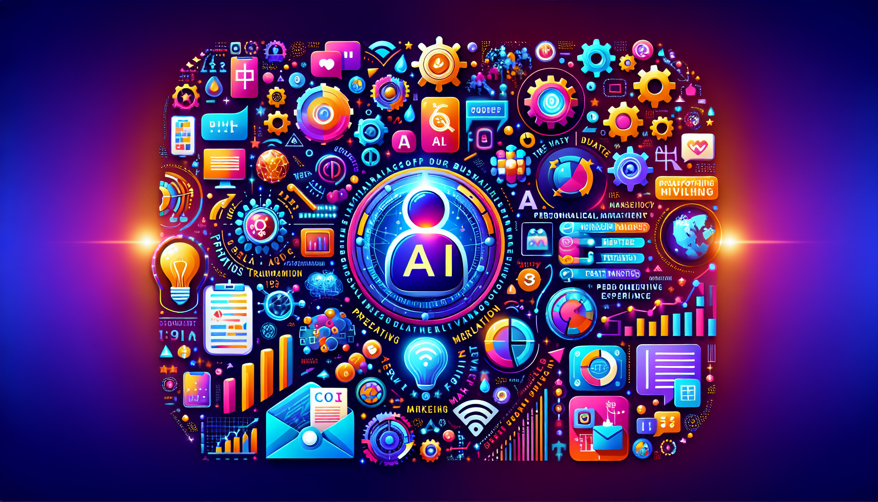 an image of AI marketing transformation representing personalization, efficiency, data analytics, predictive marketing, and customer experience with a modern, tech-savvy aesthetic and colors #689fb0, #9ec5d1, #6972ad, #474f91, #fff