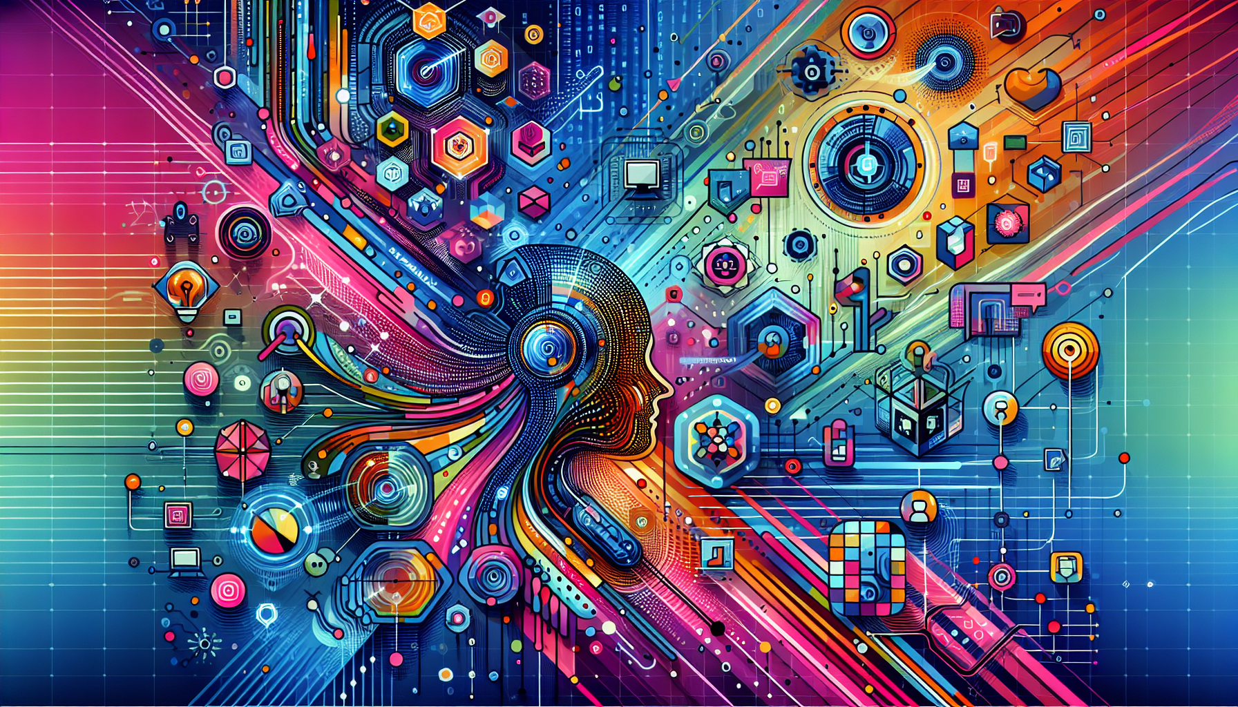 an image of a vibrant and futuristic 16:9 illustration representing AI-powered marketing and its transformative impact. The image features digital networks or matrices to symbolize AI technology, with elements of hyper-personalization, predictive analytics, automation, chatbots, and voice search depicted as abstract icons or interconnected symbols. The colors used are #689fb0, #9ec5d1, #6972ad, #474f91, and #fff, creating a dynamic composition. The image conveys a sense of seamless integration and security in data handling, aligning with the theme of innovation, efficiency, and future-focused strategies in lead generation. This is an illustration for an article titled 'Why 6 AI Lead Generation Visions Shape the Future.'