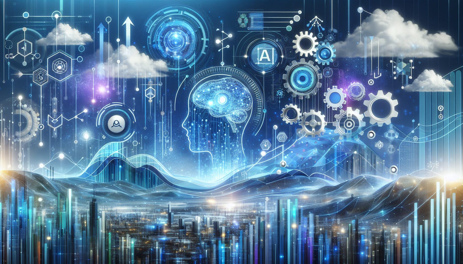 an image of a futuristic landscape illustrating the dynamic and transformative power of AI lead generation for business growth, featuring abstract elements of data flow and connectivity, with AI-related icons such as neural networks and gears, in a harmonious blend of blues and whites, representing efficiency, personalization, and strategic growth, with subtle imagery of upward arrows or graphs symbolizing scalability and business success, representing Why AI Lead Generation is Your Next Vision Boost