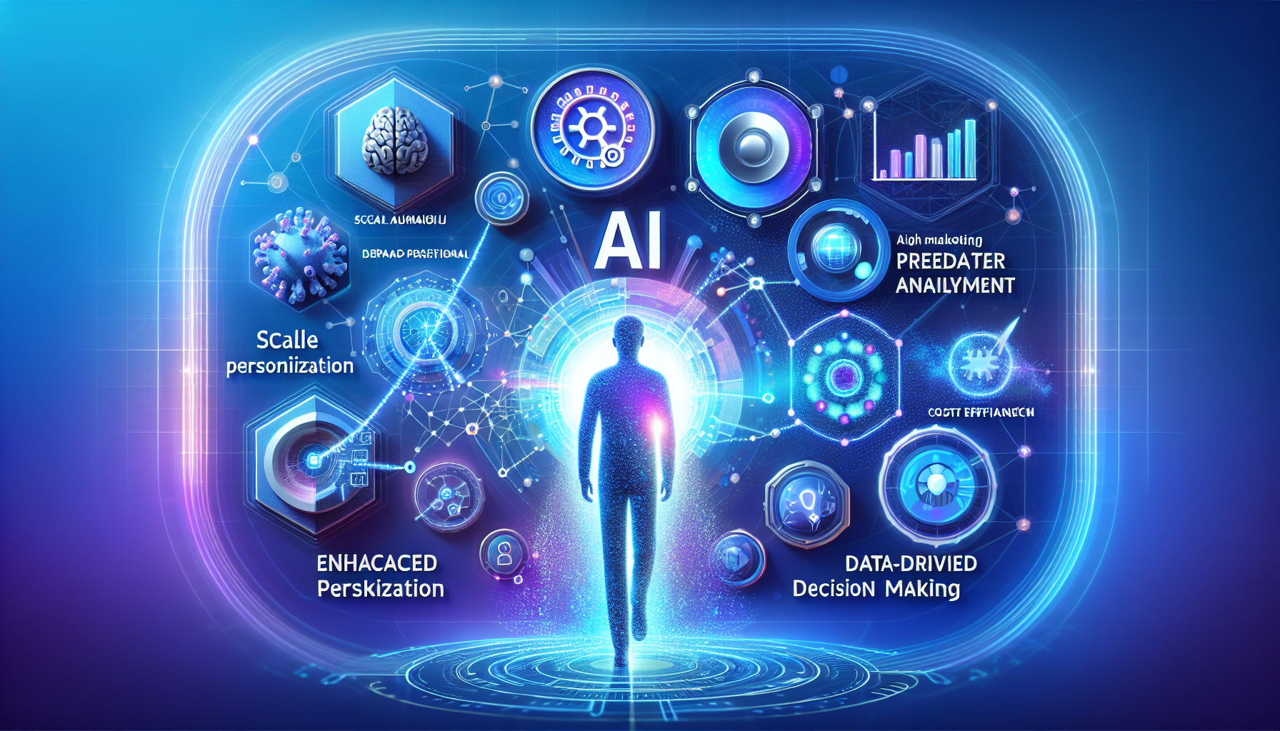 an image of AI's transformative power in marketing, representing personalization at scale, predictive analytics, enhanced customer engagement, cost efficiency, data-driven decision making, and innovation. The image is titled 'Top 6 Visionary Insights on AI Marketing Choice' and uses a color palette of calming blue, soft aquamarine, medium purple-blue, deep indigo, and pure white. It features digital interfaces, data flow symbols, and abstract networks to symbolize AI's role in modern marketing strategies.