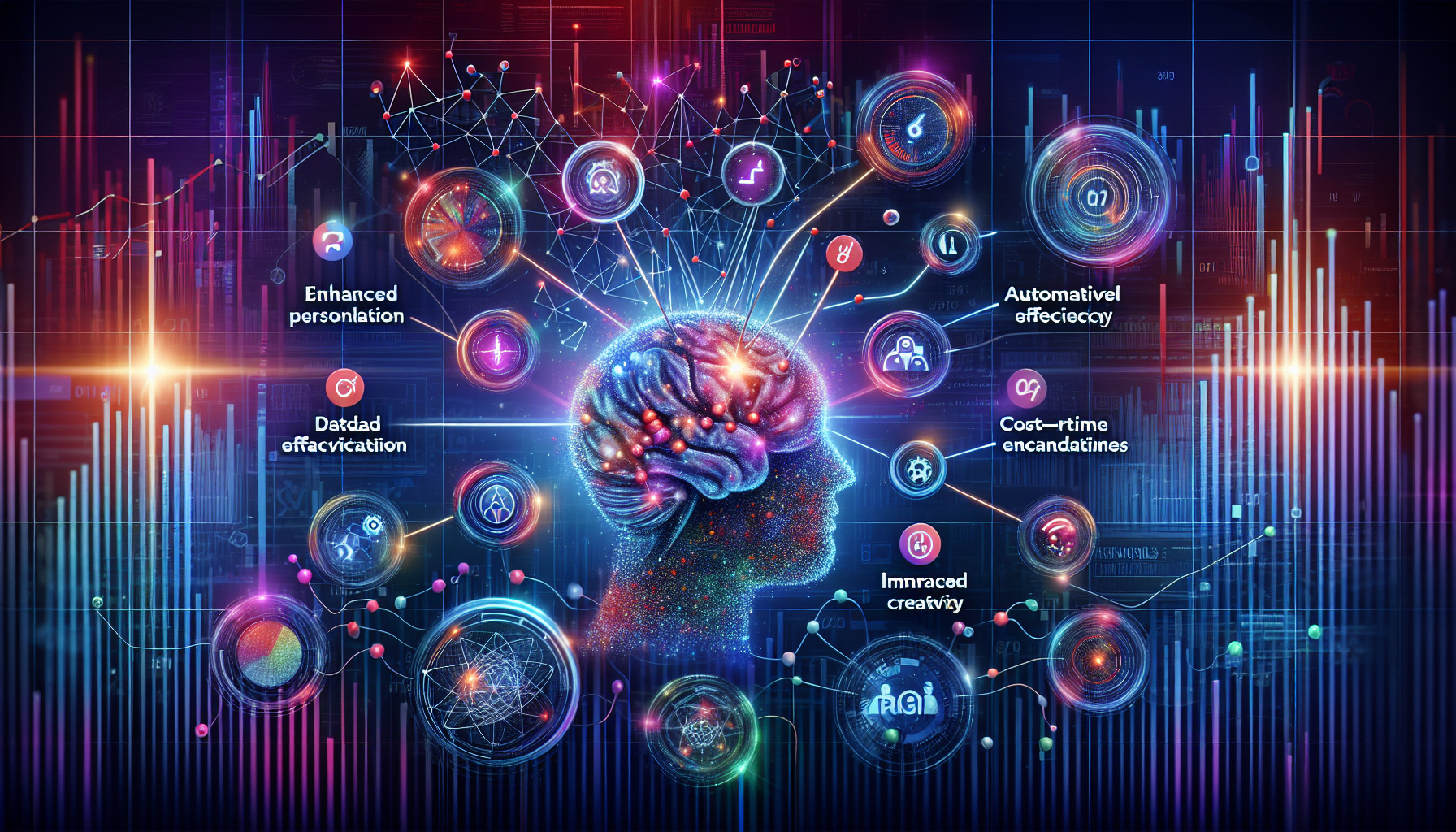 an image of a futuristic digital brain with interconnected nodes and abstract AI elements, representing Guide: 10 Visionary Benefits of AI Marketing. The composition uses hex colors ['#689fb0', '#9ec5d1', '#6972ad', '#474f91', '#fff'] to convey AI marketing's transformative power in business strategies, showcasing benefits like enhanced personalization, data-driven insights, and real-time engagement. Elements like upward graphs and engaging customer interactions hint at business transformation and strategic edge.