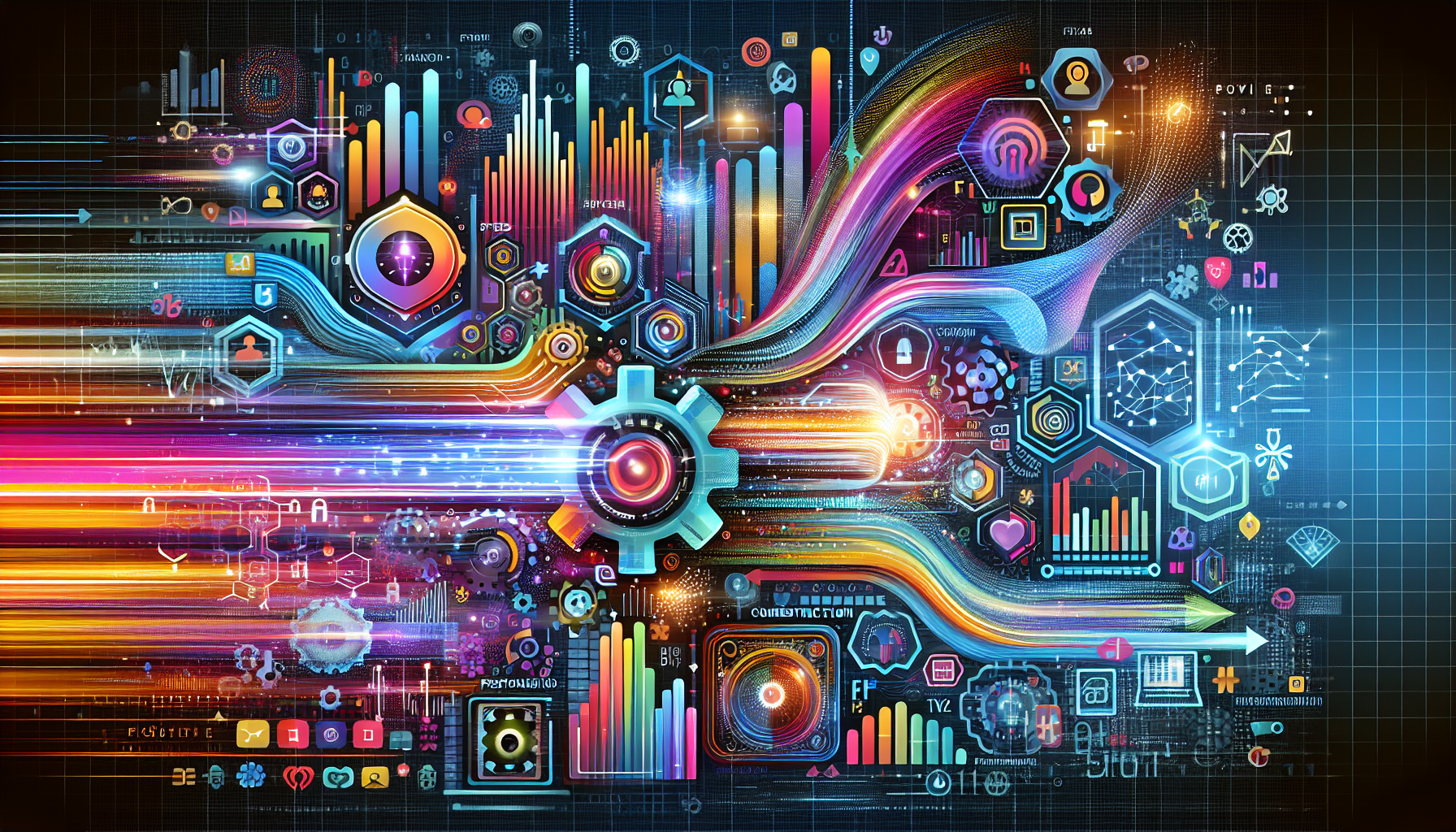 an image of futuristic AI lead generation elements representing efficiency, personalization, and data-driven decision-making. The design includes abstract data streams, digital connections, gear motifs, and symbolic growth imagery, all unified by a color palette of #689fb0, #9ec5d1, #6972ad, #474f91, and #fff, illustrating 'Why AI Lead Gen Drives Vision: 9 Insights.'
