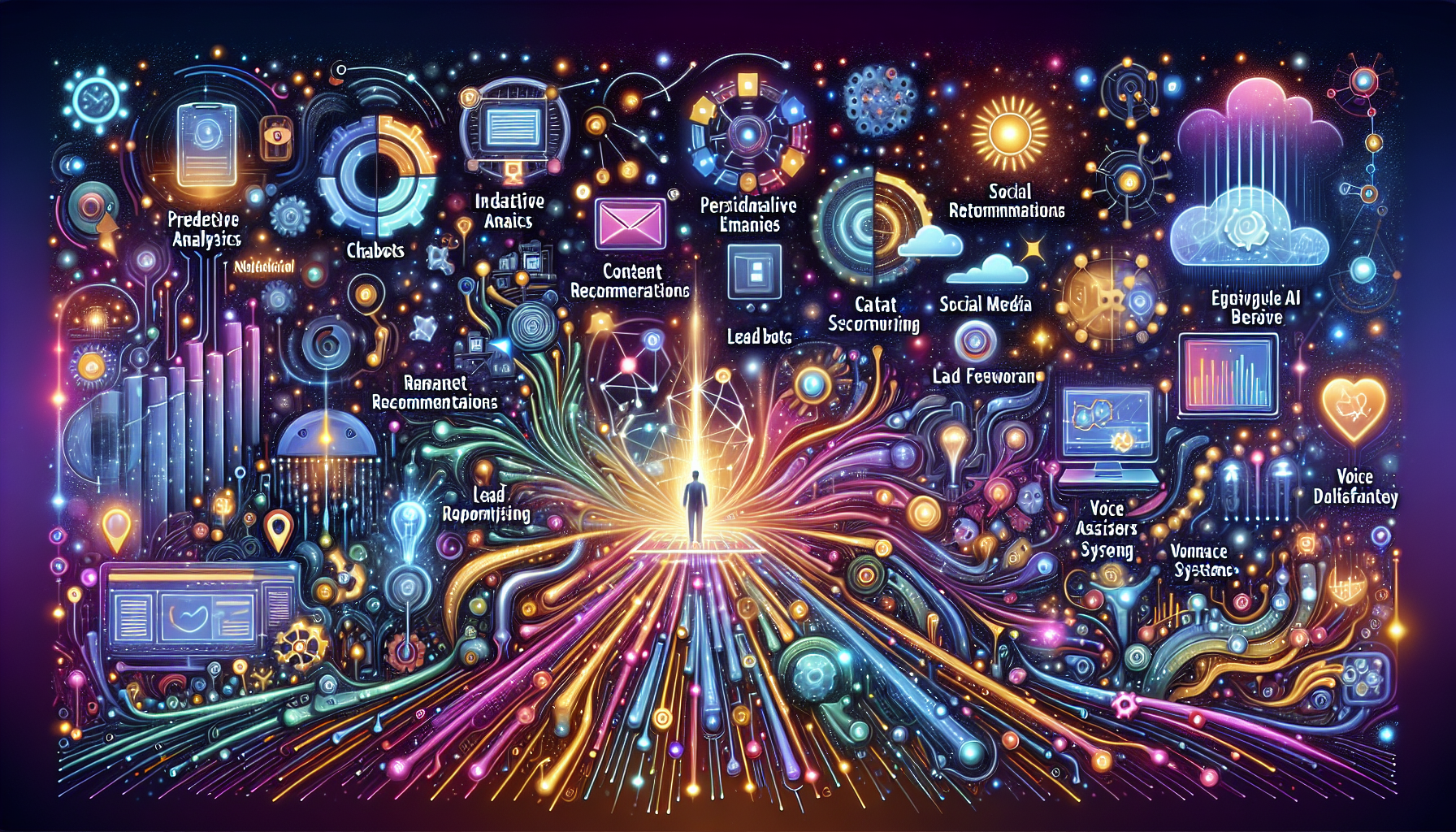 an image of a vibrant and dynamic digital landscape representing AI-driven lead generation with interconnected nodes, pathways, and elements symbolizing eight strategies: predictive analytics, chatbots, personalized emails, content recommendations, social media monitoring, automated lead scoring, voice assistants, and AI-powered CRM systems. The color palette includes '#689fb0', '#9ec5d1', '#6972ad', '#474f91', and '#fff', conveying innovation and the transformative power of AI in business growth, with subtle visual cues like gears and digital particles highlighting efficiency and precision.